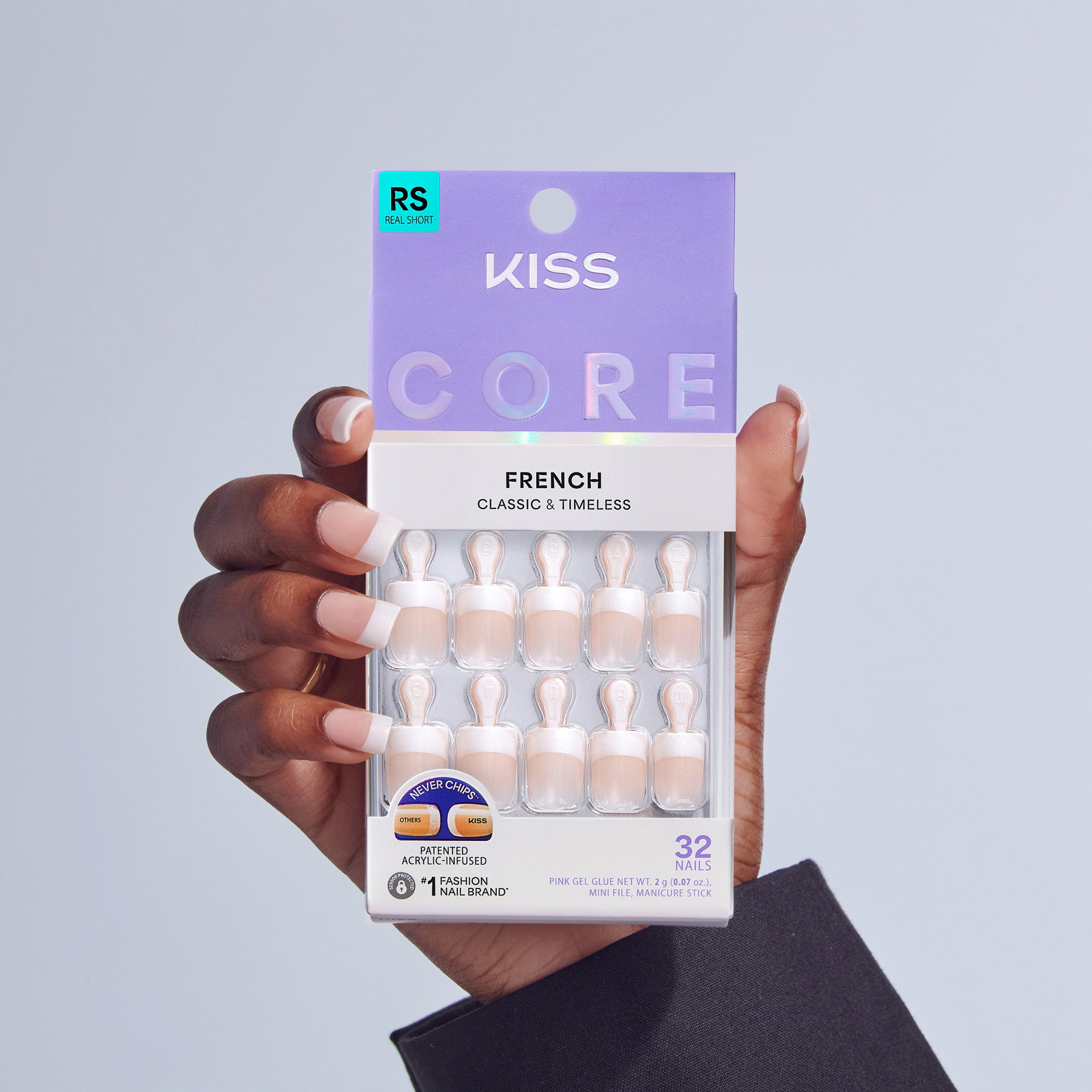 Kiss Core French Press On Fake Glue Nails - I Wish | French Tips, White, Real Short, Square official pack