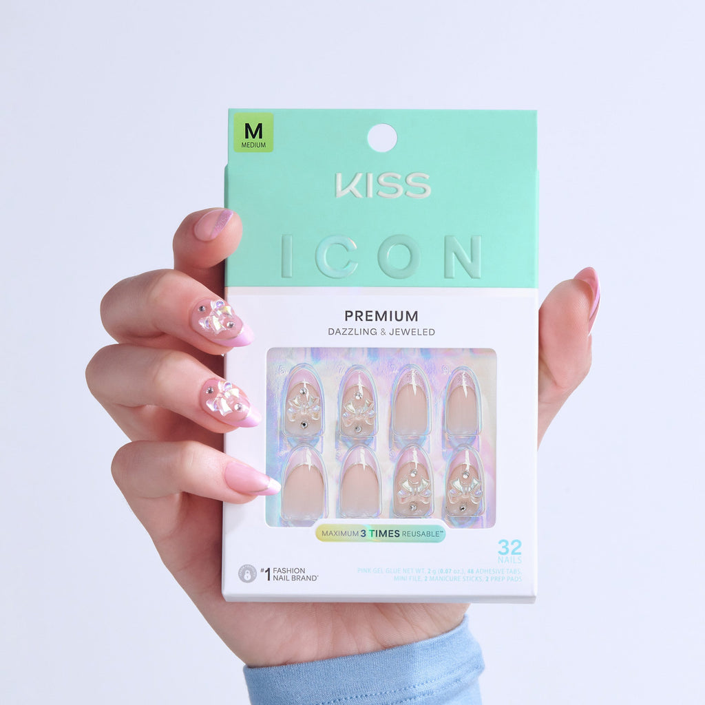 Kiss Icon Press On Fake Glue Nails - Vibrant | 3D & Jewel French, Pink, Medium, Almond official pack