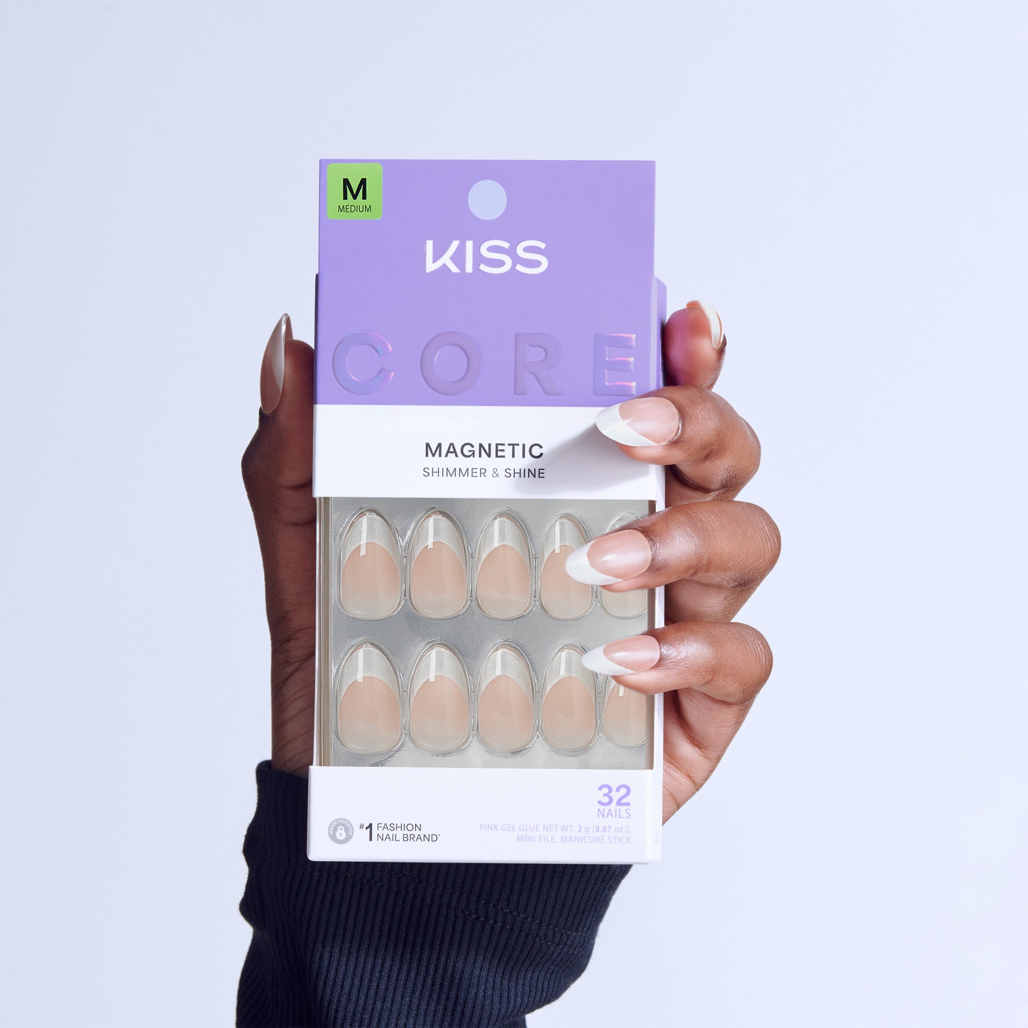 Kiss Core Magnetic Press On Fake Glue Nails - Patchouli | French Tips, Silver, Medium, Almond official pack