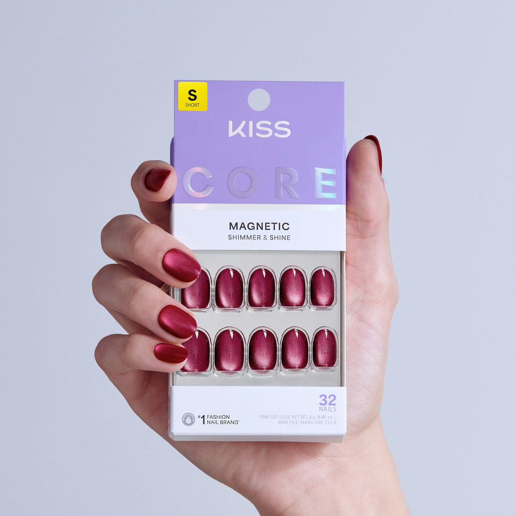 Kiss Core Magnetic Press On Fake Glue Nails - Flaming | Magnetic, Pink, Short, Round official pack
