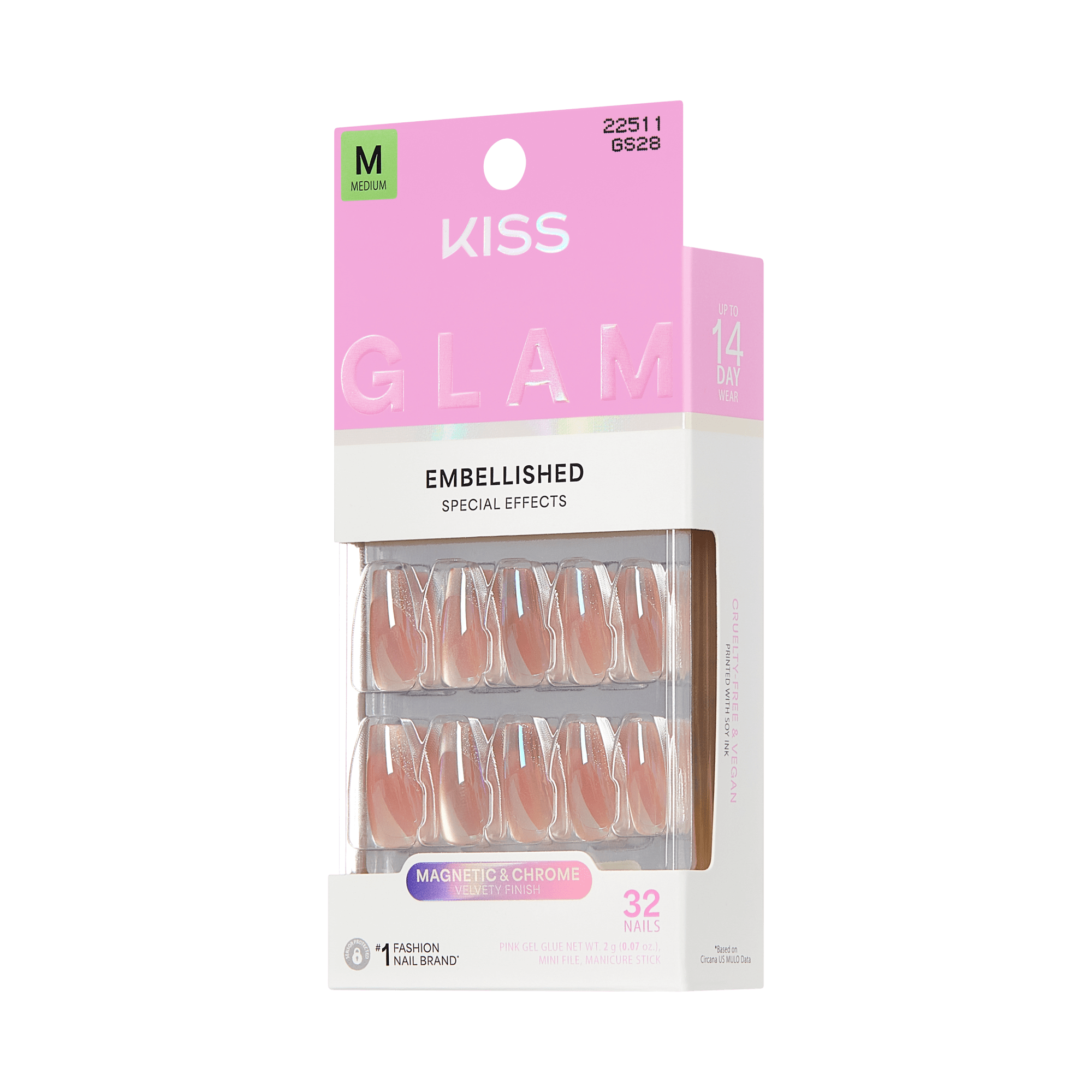 Kiss Glam Embellished Press On Fake Glue Nails - Dusk Mirage | Design, Beige, Medium, Coffin official pack