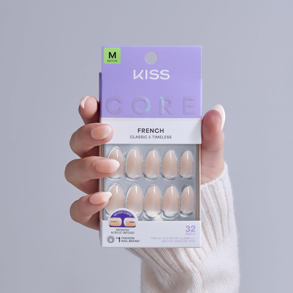 Kiss Core French Press On Fake Glue Nails - Burble | French Tips, White, Medium, Almond official pack