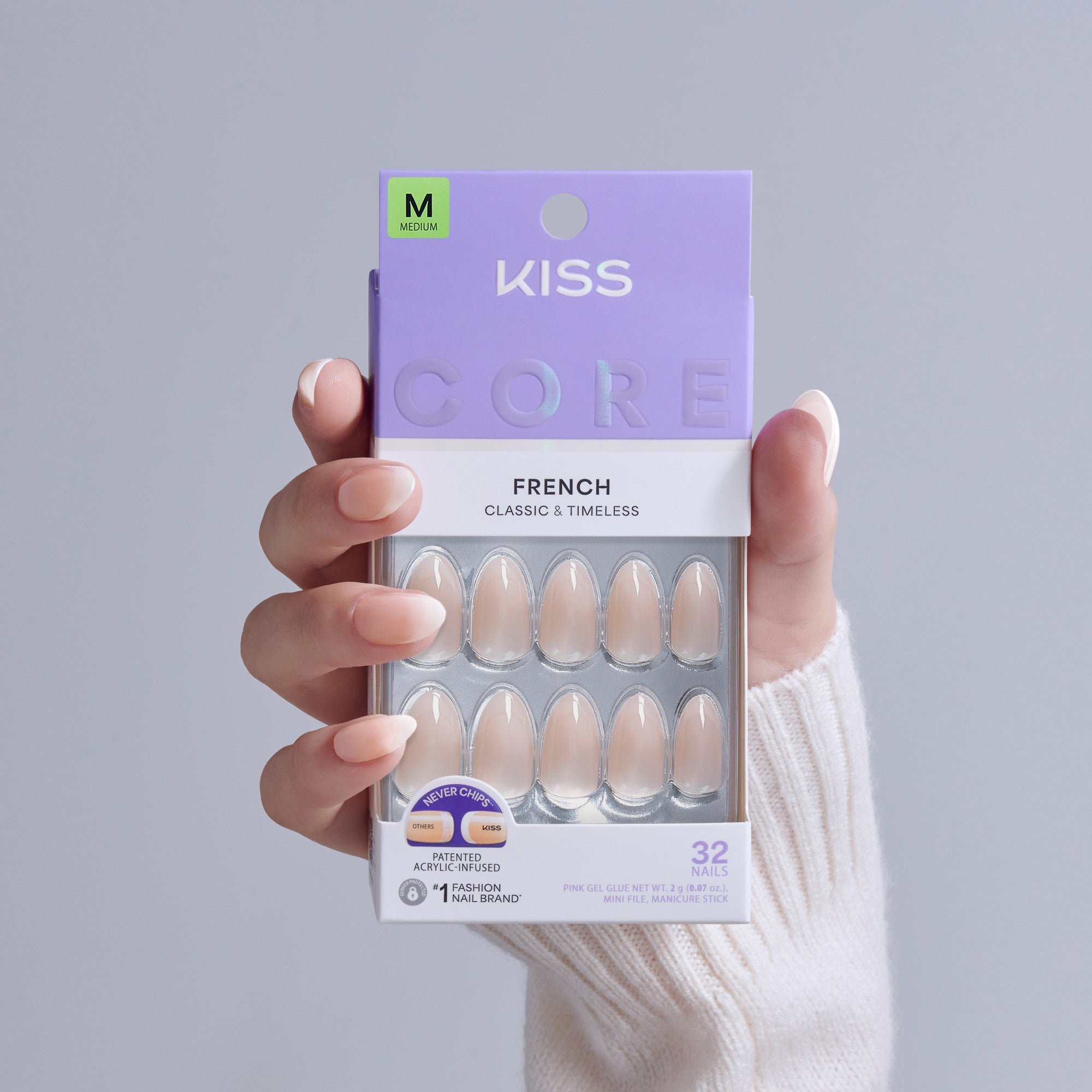 Kiss Core French Press On Fake Glue Nails - Burble | French Tips, White, Medium, Almond official pack