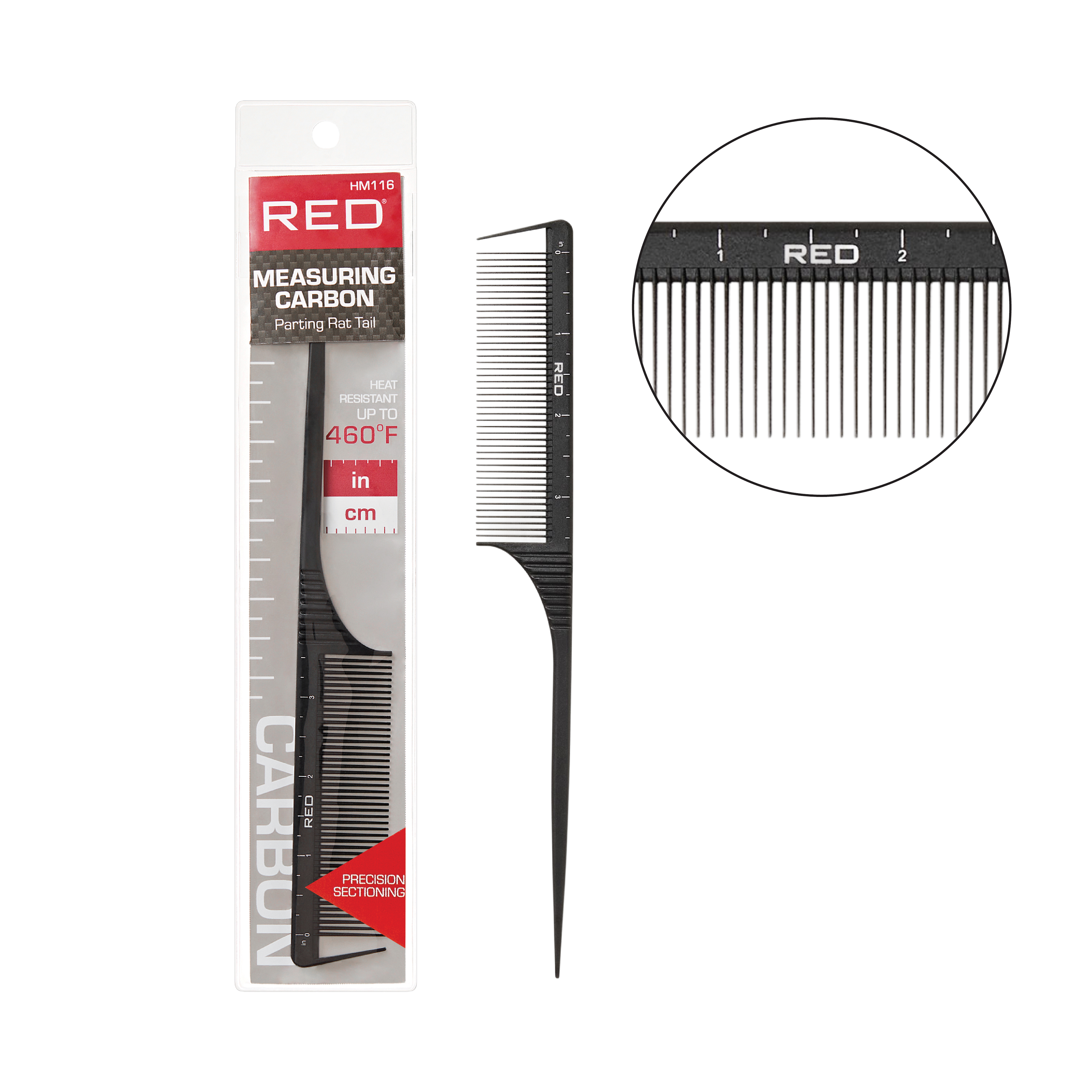 RED by KISS Carbon Measuring Parting Comb Collection Heat-Resistant Up to 460°F with Ruler & Axe Tip official pack