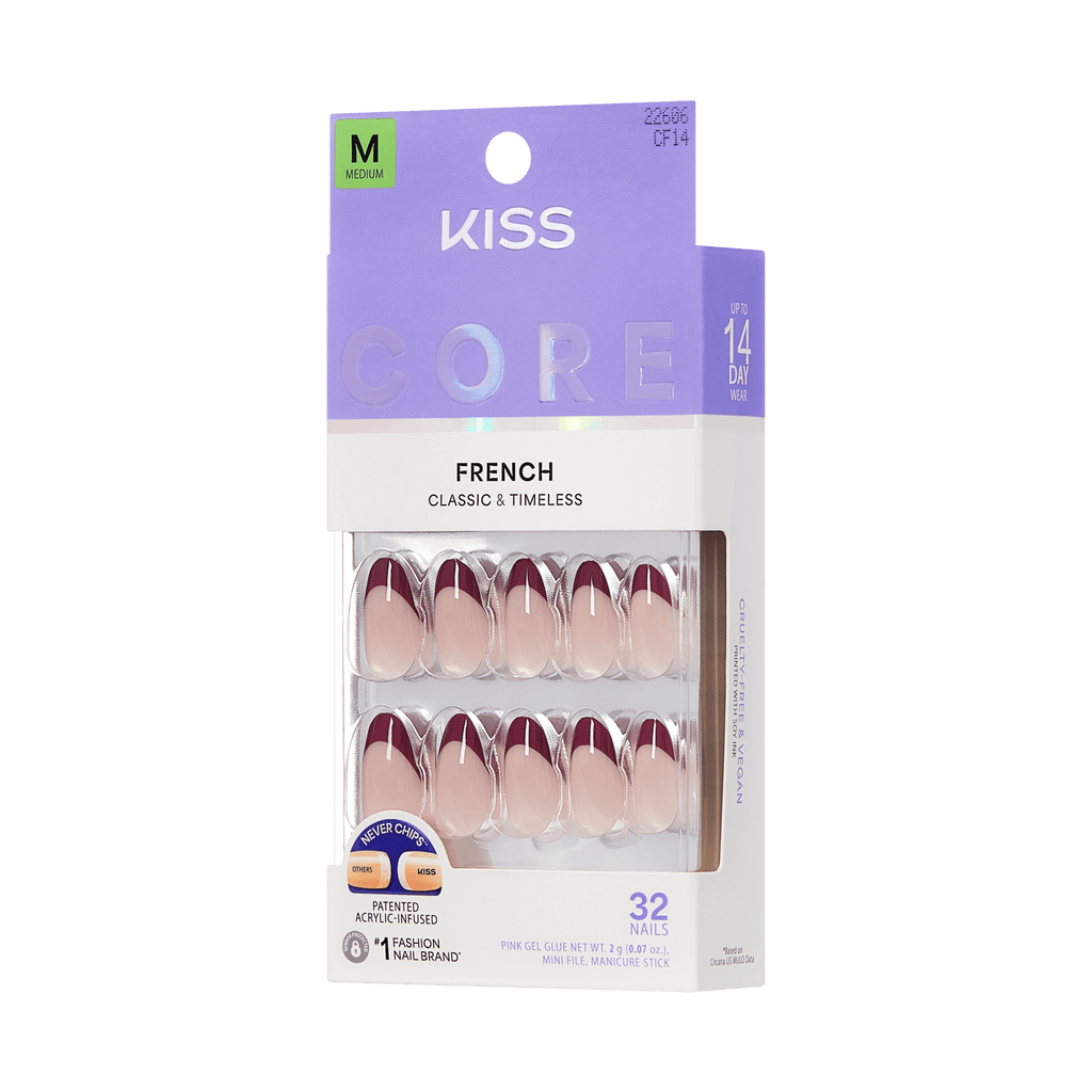 Kiss Core French Press On Fake Glue Nails - Cheerful | French Tips, Red, Medium, Almond official pack