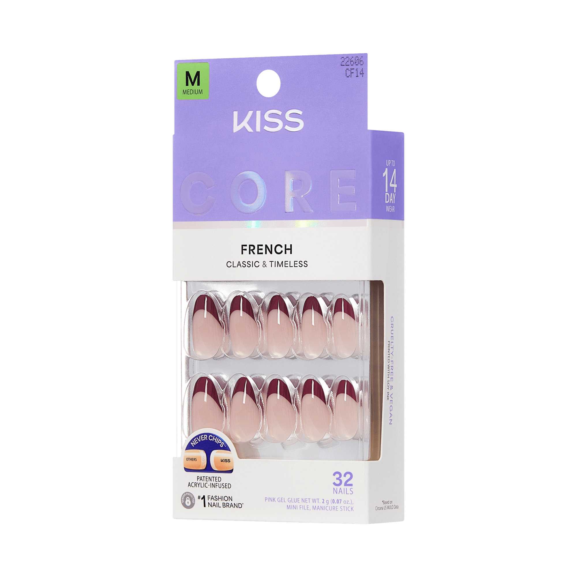 Kiss Core French Press On Fake Glue Nails - Cheerful | French Tips, Red, Medium, Almond official pack