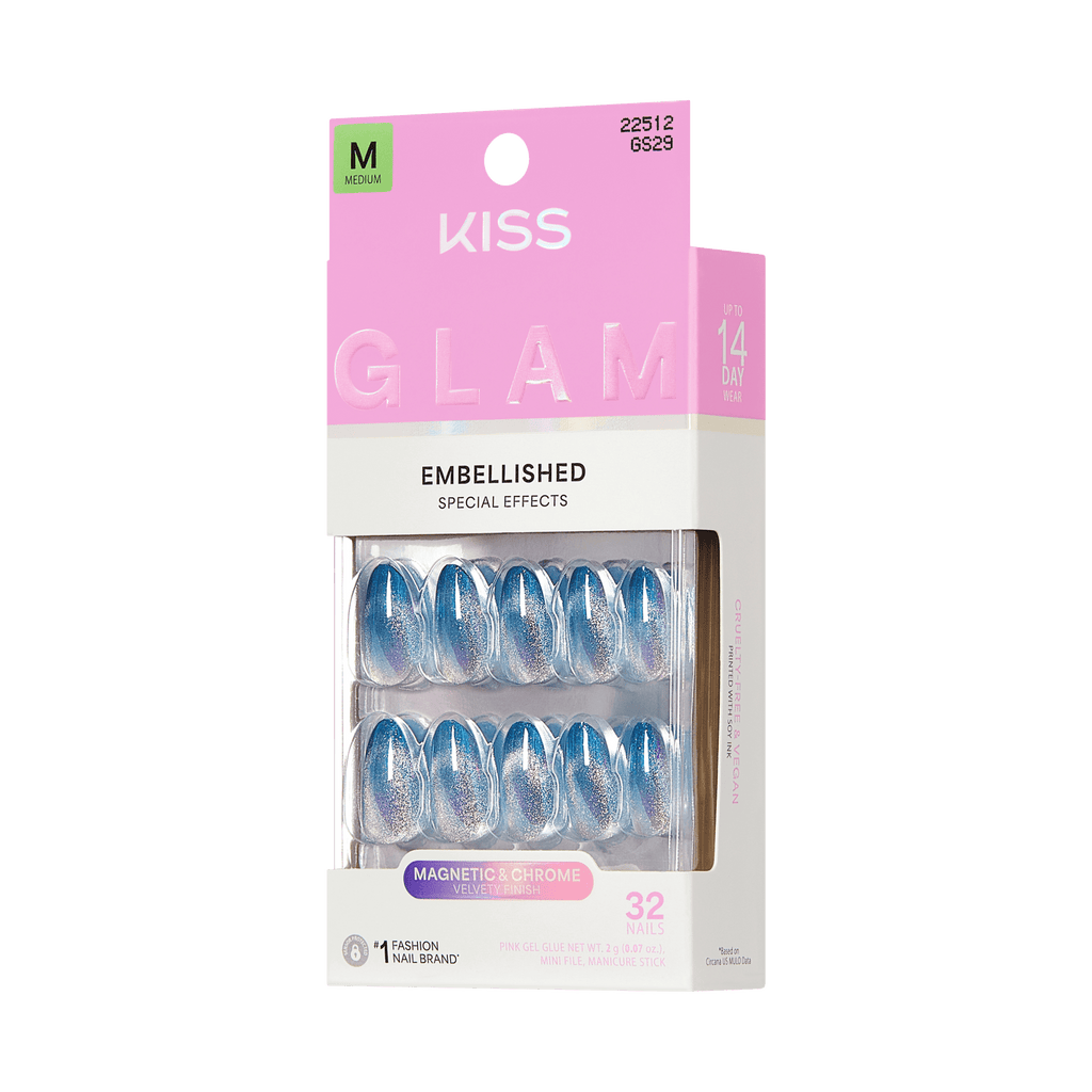 Kiss Glam Embellished Press On Fake Glue Nails - Glow Forever | Design, Blue, Medium, Almond official pack