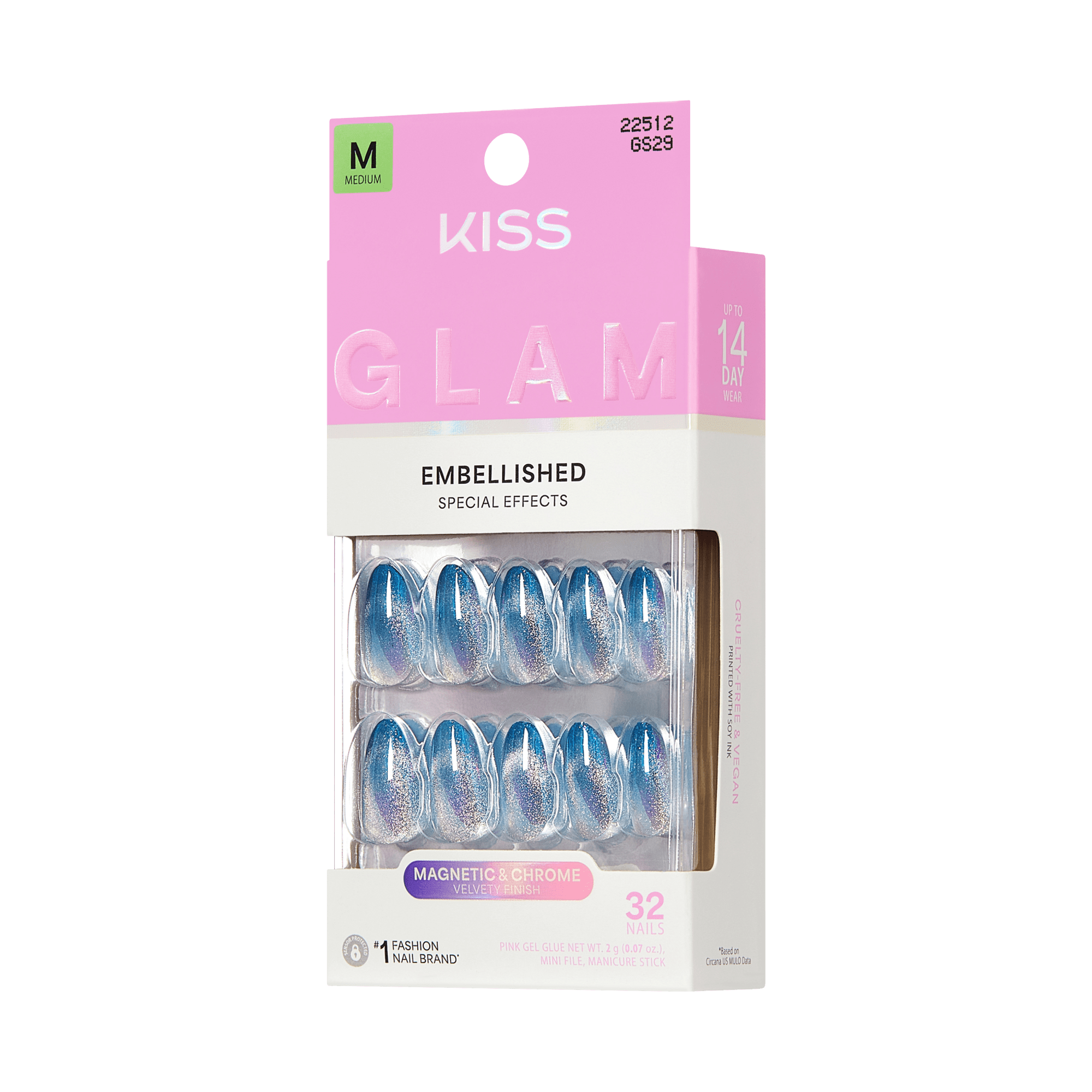 Kiss Glam Embellished Press On Fake Glue Nails - Glow Forever | Design, Blue, Medium, Almond official pack