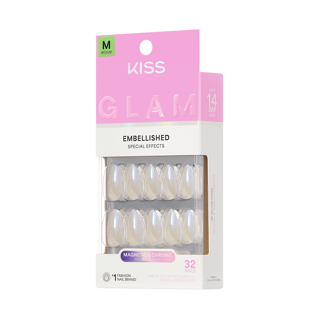 Kiss Glam Embellished Press On Fake Glue Nails - Dive | Design, Neutral, Medium, Almond official pack
