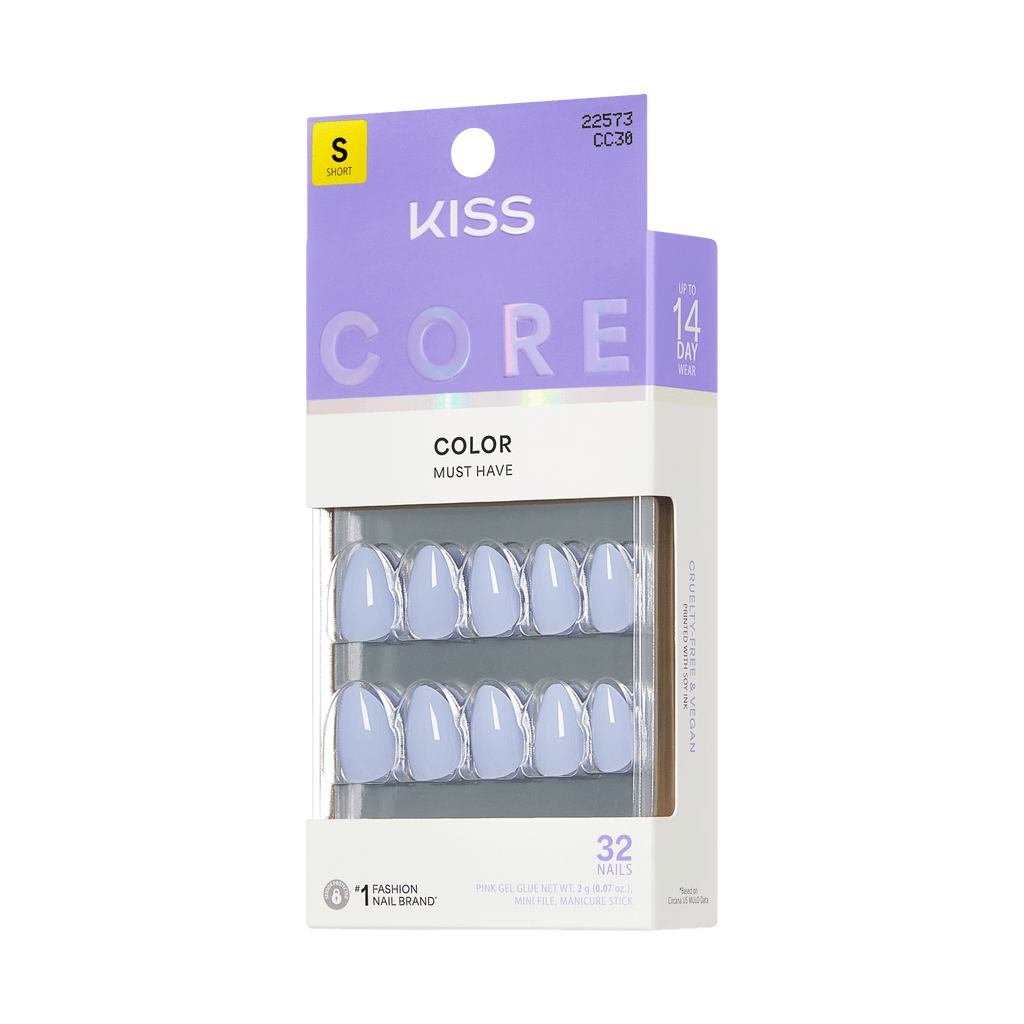 Kiss Core Color Press On Fake Glue Nails - Flee | Solid, Purple, Short, Almond official pack