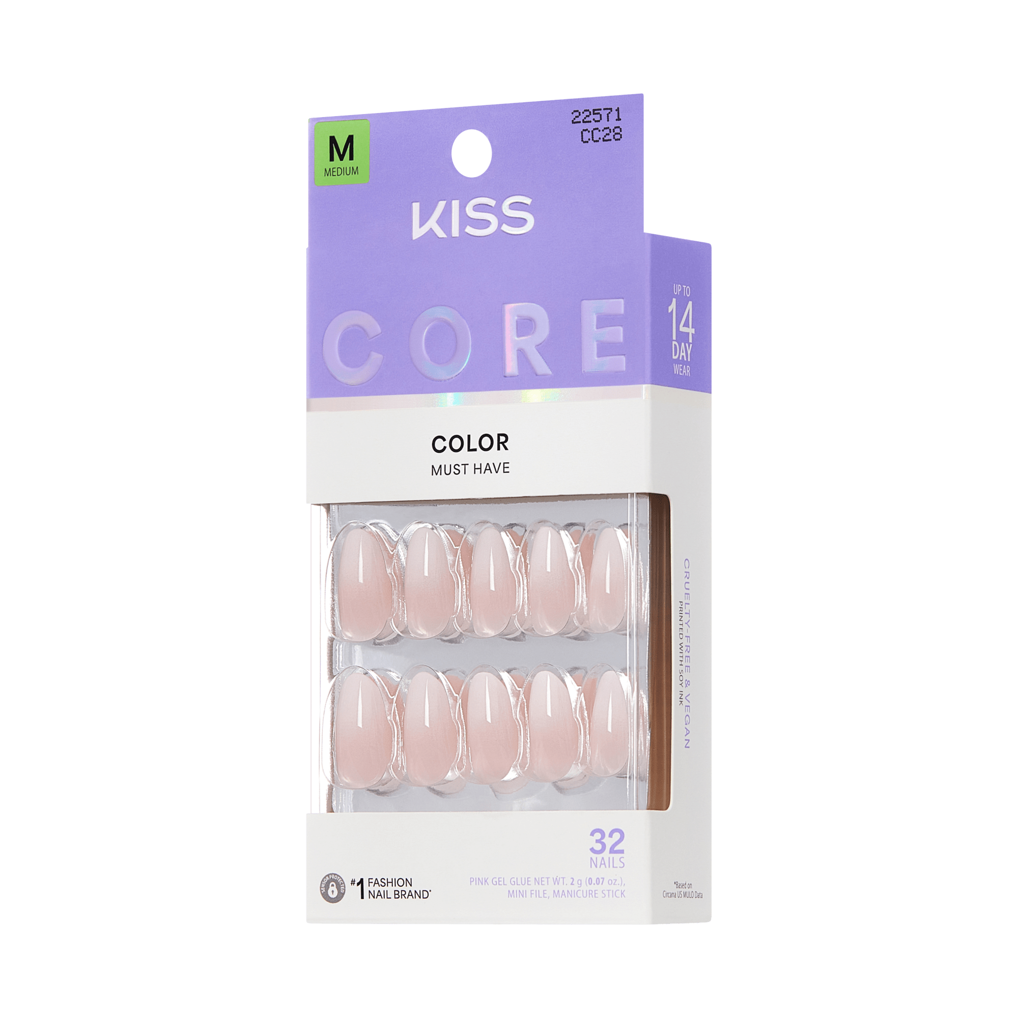 Kiss Core Color Press On Fake Glue Nails - Dulcet | Solid, Pink, Medium, Almond official pack