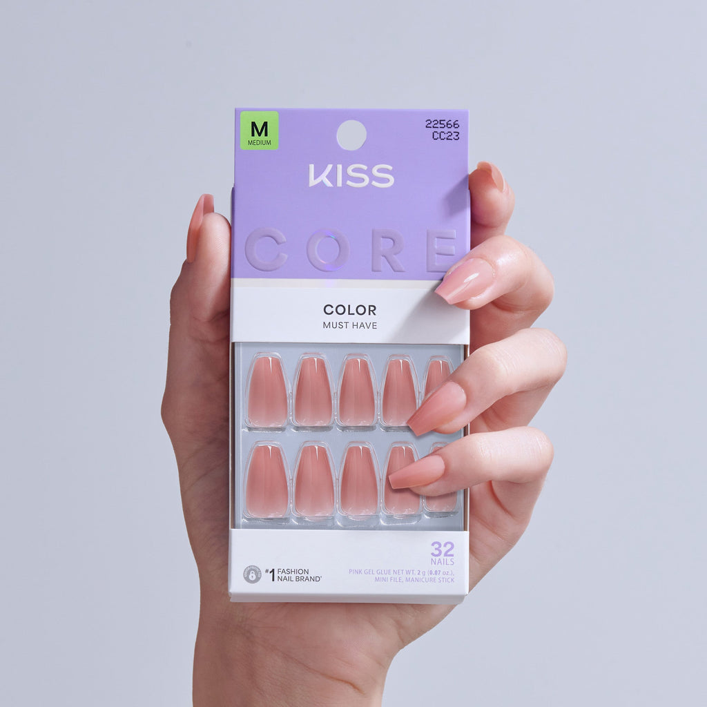Kiss Core Color Press On Fake Glue Nails - Jubilation | Solid, Pink, Medium, Coffin official pack