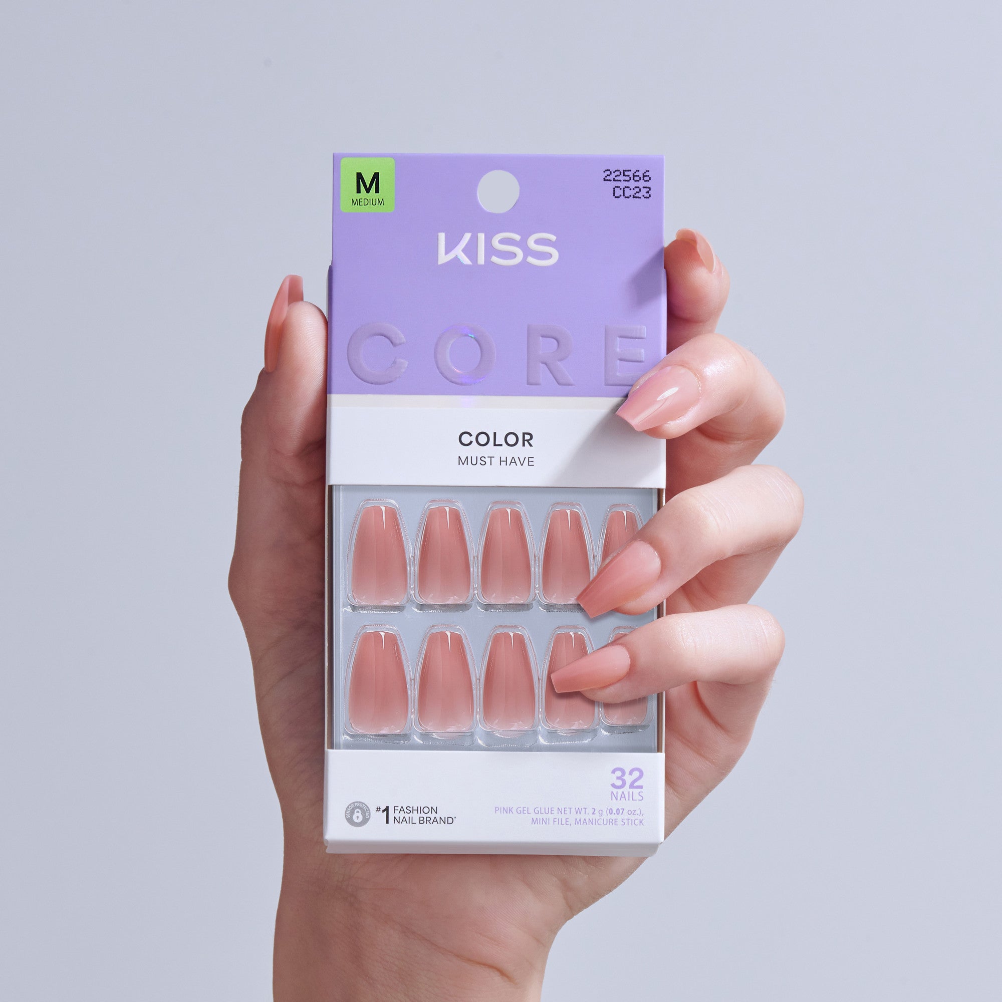 Kiss Core Color Press On Fake Glue Nails - Jubilation | Solid, Pink, Medium, Coffin official pack