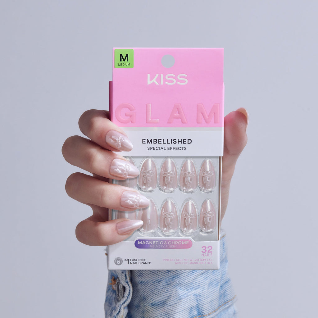 Kiss Glam 3D & Jewel Press On Fake Glue Nails  - Ripple | 3D & Jewel Design, Pink, Medium, Almond official pack