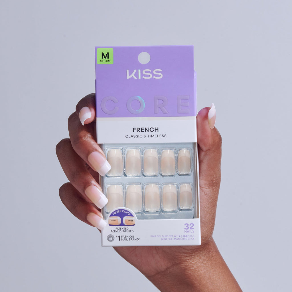 Kiss Core French Press On Fake Glue Nails - Scenario | French Tips, White, Medium, Squoval official pack
