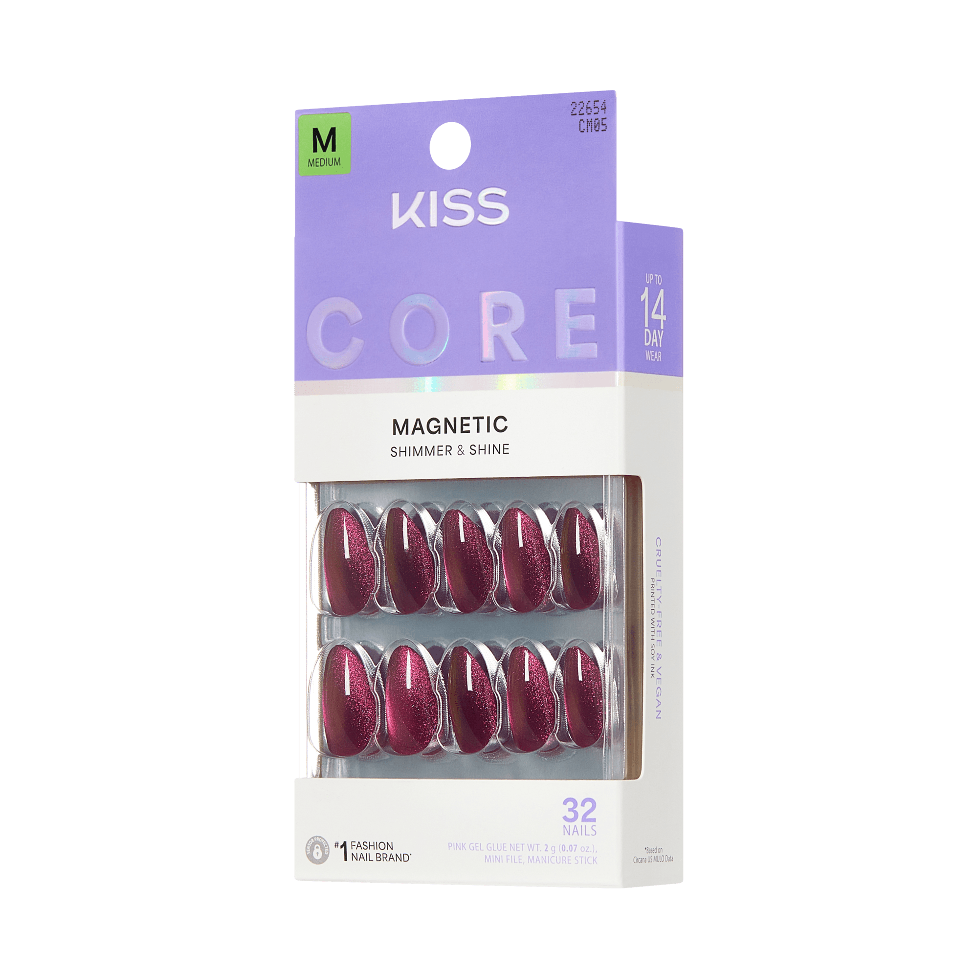Kiss Core Magnetic Press On Fake Glue Nails - Glittering | Magnetic, Purple, Medium, Almond official pack