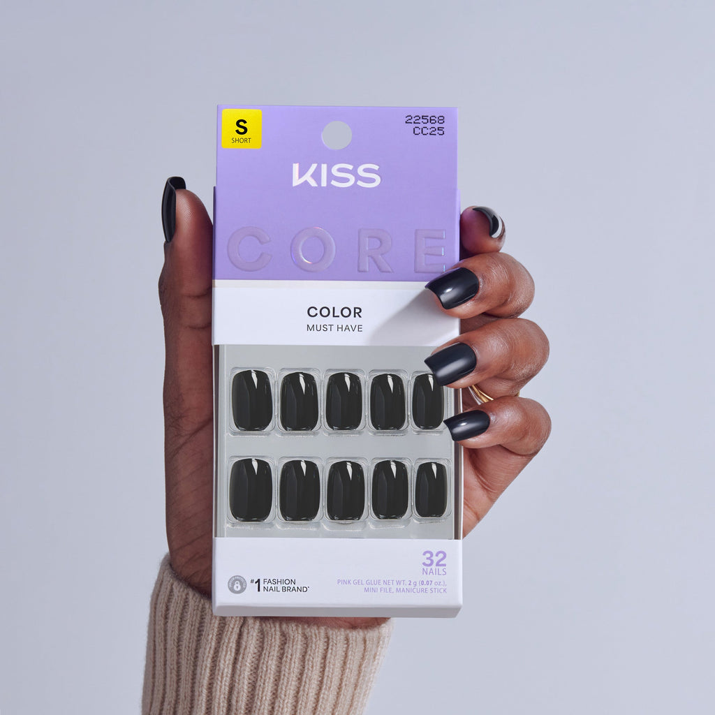 Kiss Core Color Press On Fake Glue Nails - Photogenic | Solid, Black, Short, Squoval official pack