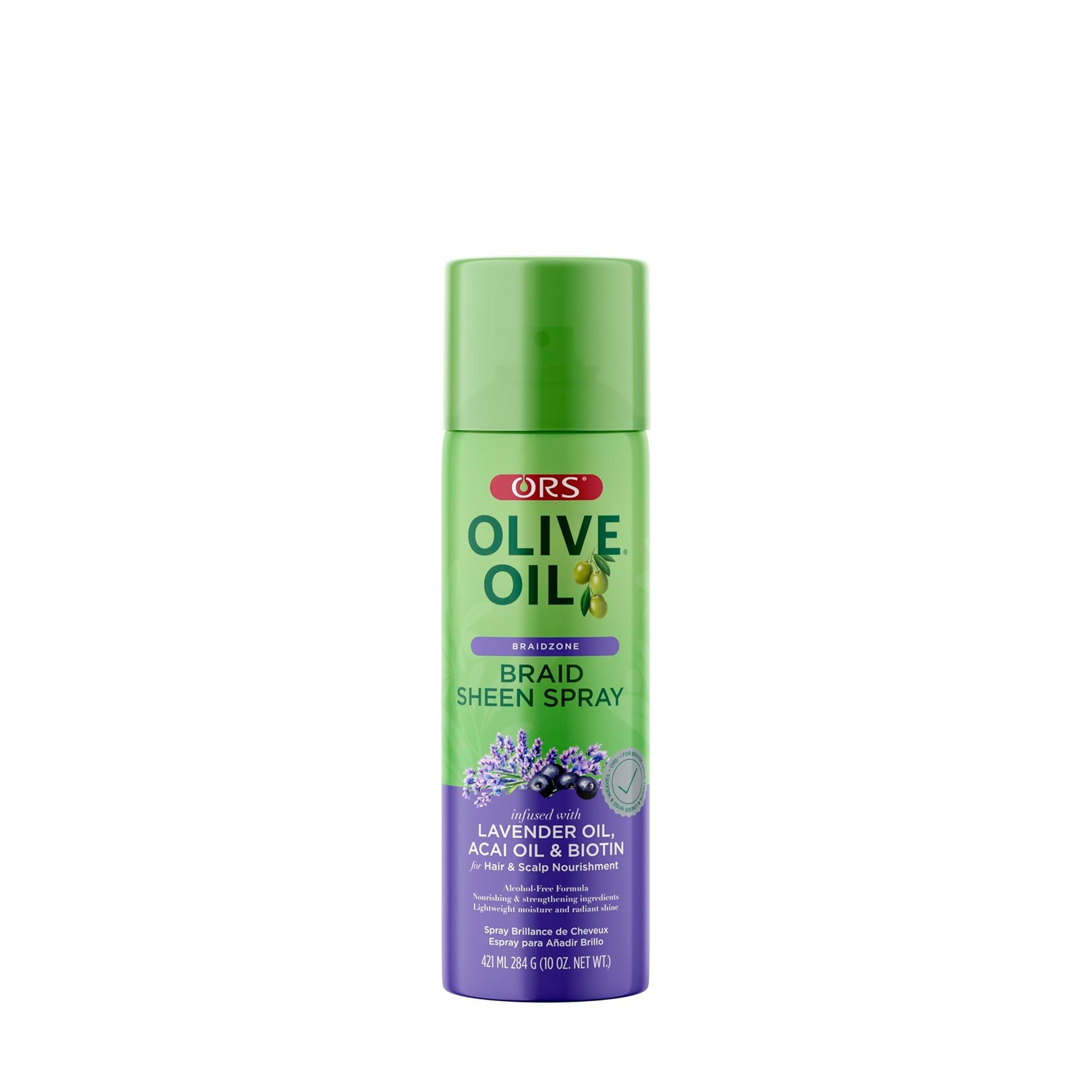 ORS Olive Oil Braid Sheen Spray Lavender, Acai & Biotin 10.0 oz — official pack photo 23101 (23101-1_74762390-7601-4942-bcbe-41618863aac9.jpg) from orshaircare.com