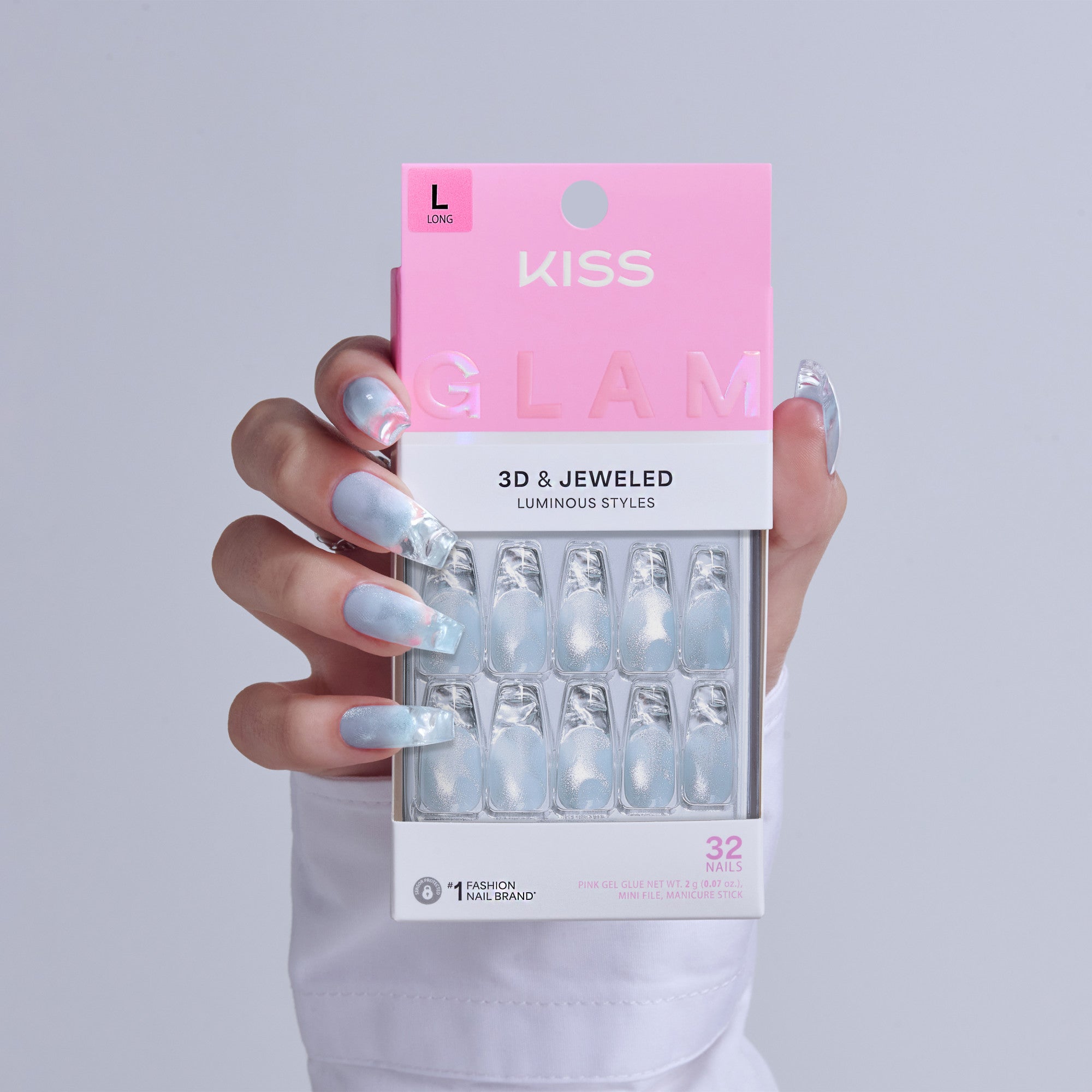 Kiss Glam 3D & Jewel Press On Fake Glue Nails  - Seraphic | Design, Blue & Clear, Long, Coffin official pack