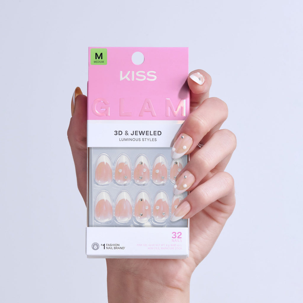 Kiss Glam 3D & Jewel Press On Fake Glue Nails  - Serendipity Awaits | 3D & Jewel French, White, Medium, Almond official pack