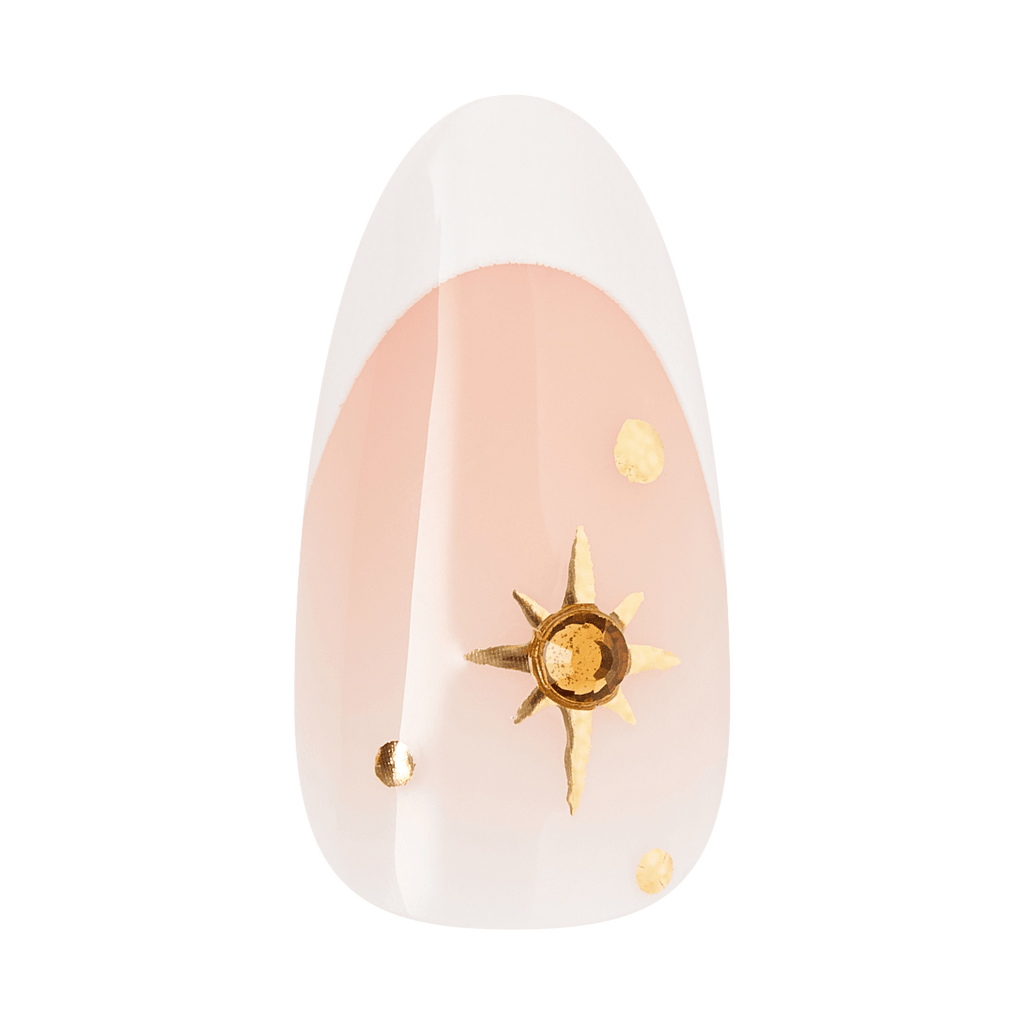 Kiss Glam 3D & Jewel Press On Fake Glue Nails  - Zephyr | 3D & Jewel French Design, White & Gold, Medium, Almond official pack