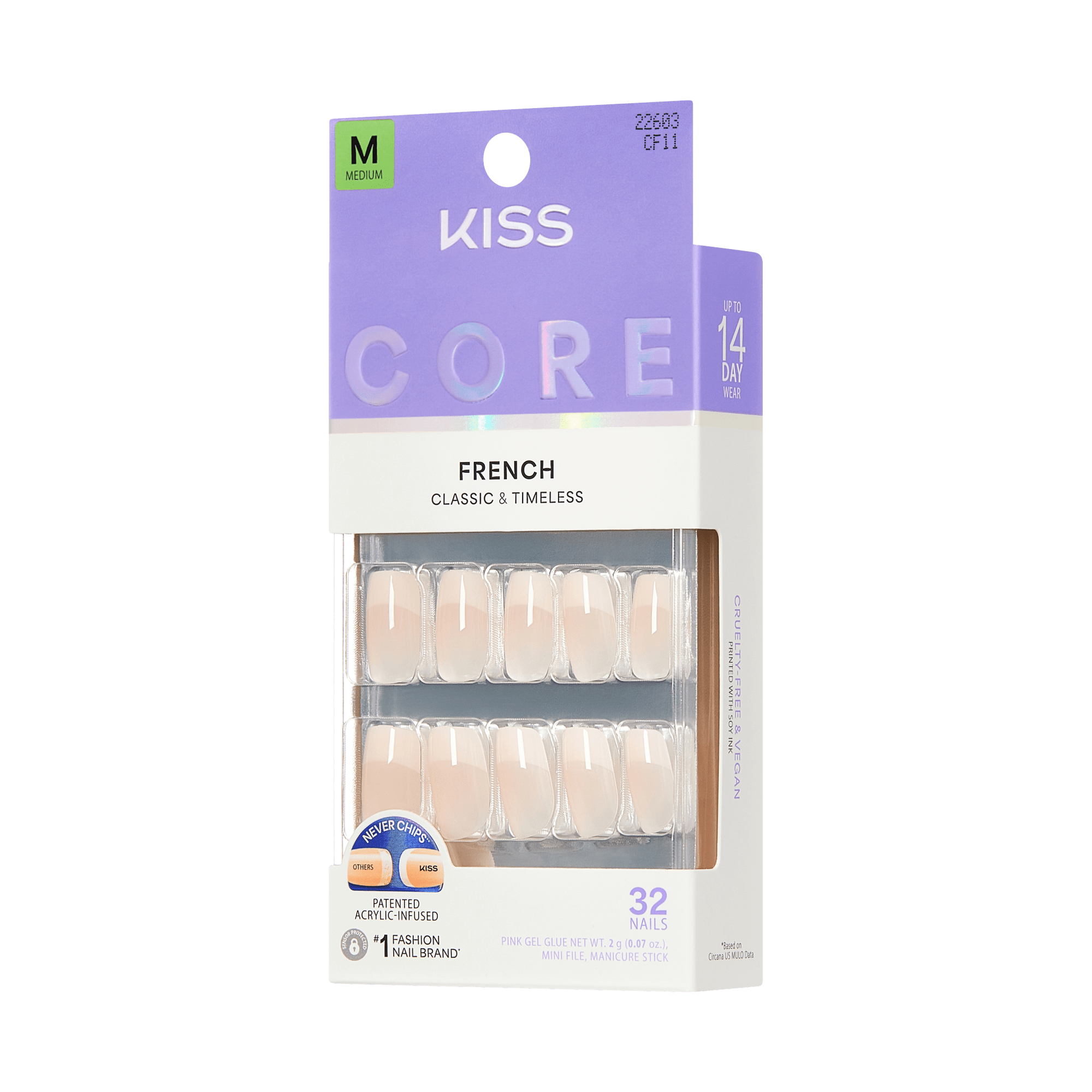 Kiss Core French Press On Fake Glue Nails - Scenario | French Tips, White, Medium, Squoval official pack