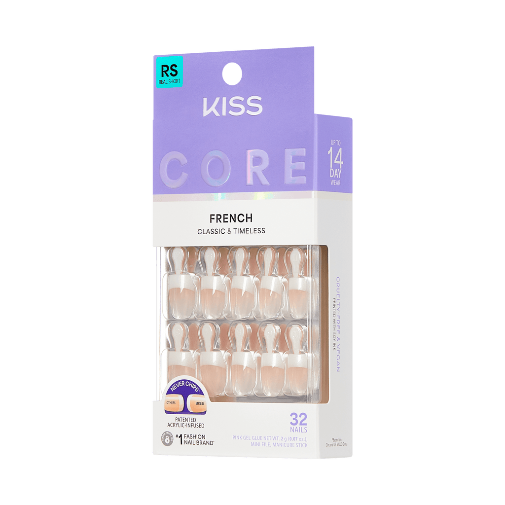 Kiss Core French Press On Fake Glue Nails - I Wish | French Tips, White, Real Short, Square official pack