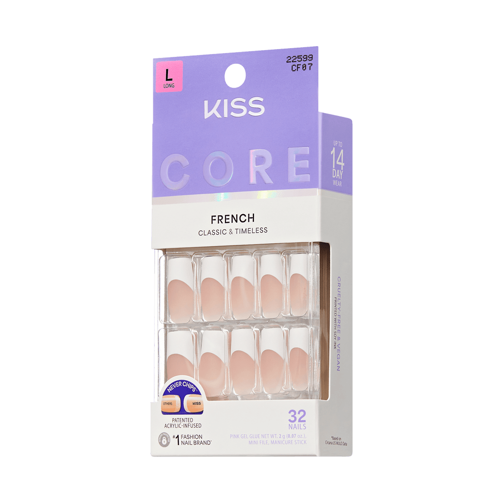Kiss Core French Press On Fake Glue Nails - Every Minute | French Tips, White, Long, Square official pack