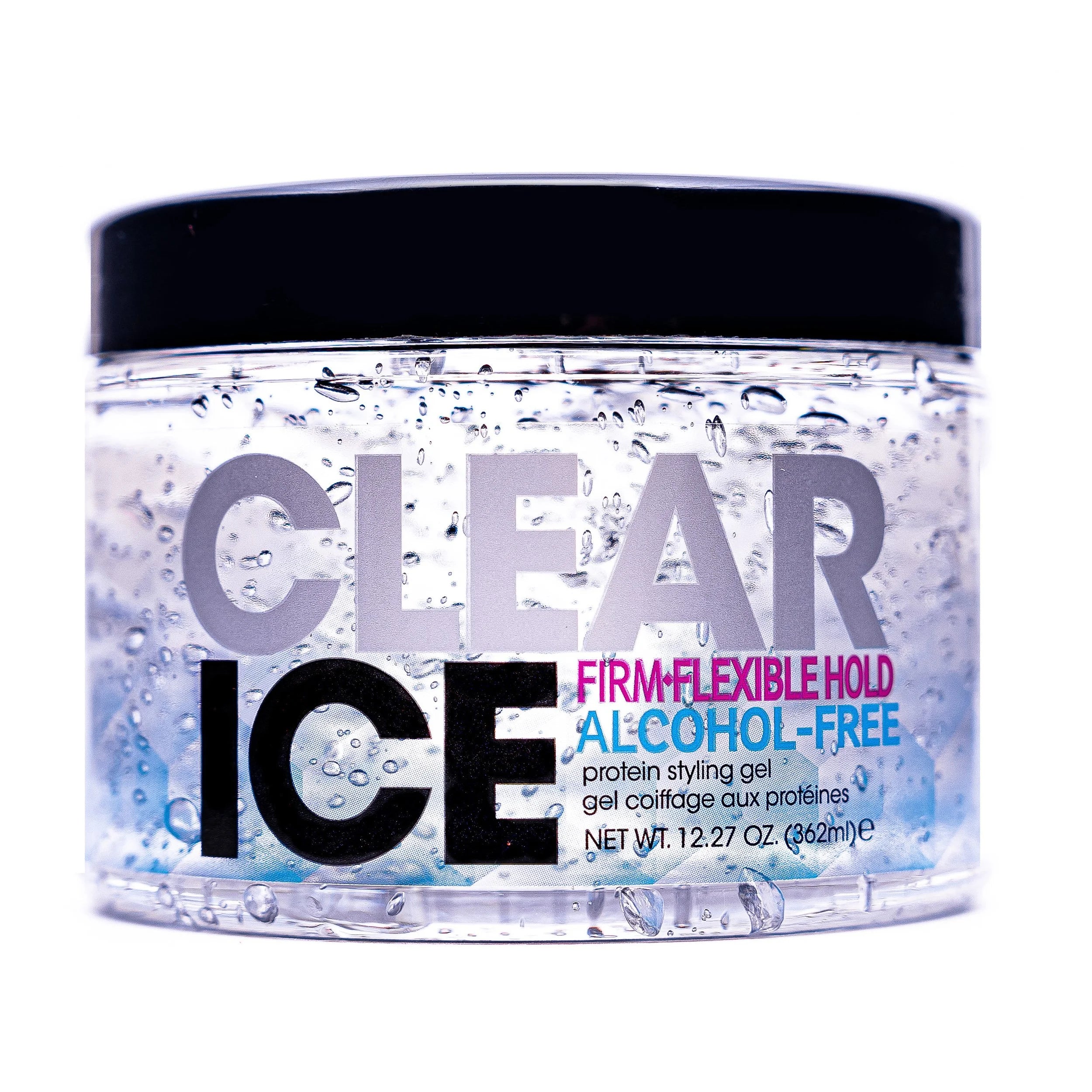Clear Ice Ampro Firm Flexible Hold Alcohol-Free Gel 12.27 oz — official pack photo 40831 (40831 - Clear Ice 12.27oz-Front - Web.jpg) from amprogel.com