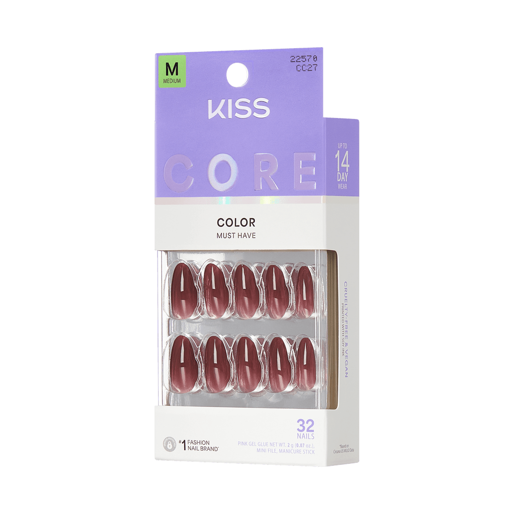 Kiss Core Color Press On Fake Glue Nails - Pinot Noir | Solid, Red & Brown, Medium, Almond official pack