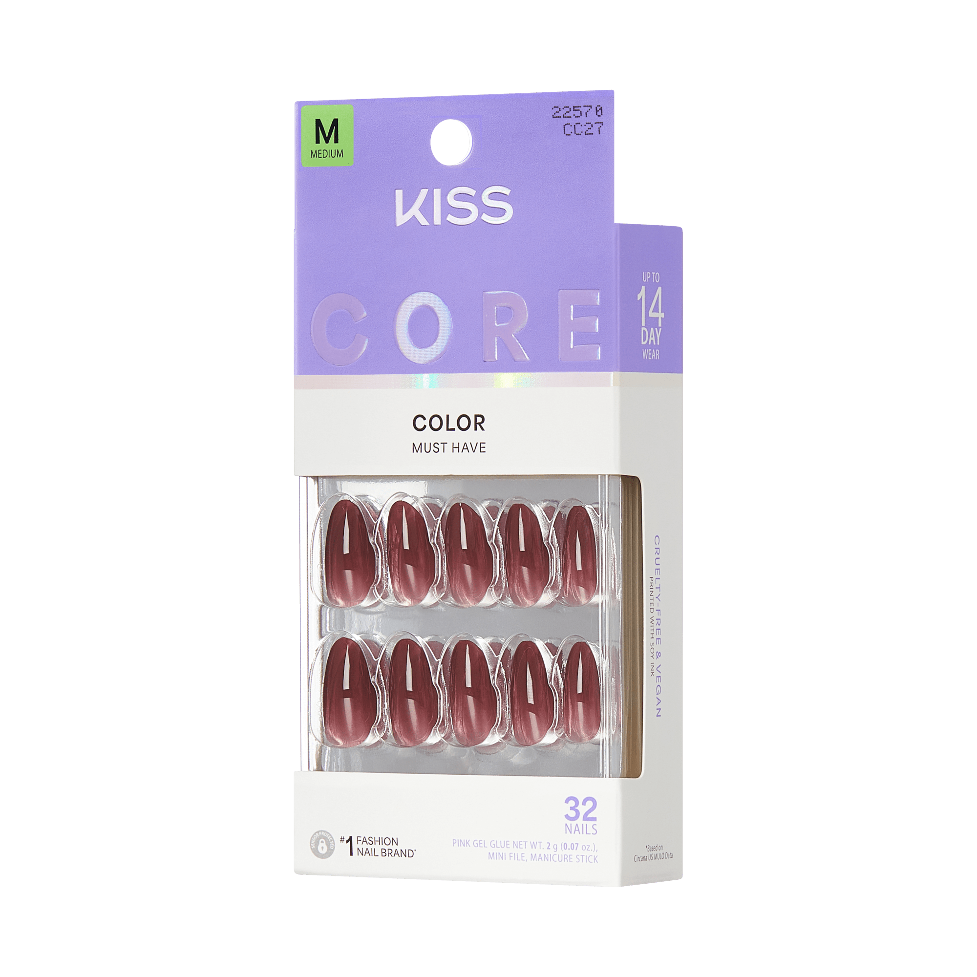 Kiss Core Color Press On Fake Glue Nails - Pinot Noir | Solid, Red & Brown, Medium, Almond official pack