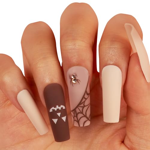 Gold Finger 24 Pcs Halloween False Nails, Press on Long Coffin Square Fake Nails, Glue on Spooky Witchy Ghost Spider Pumpkin Skull Web French Glossy D