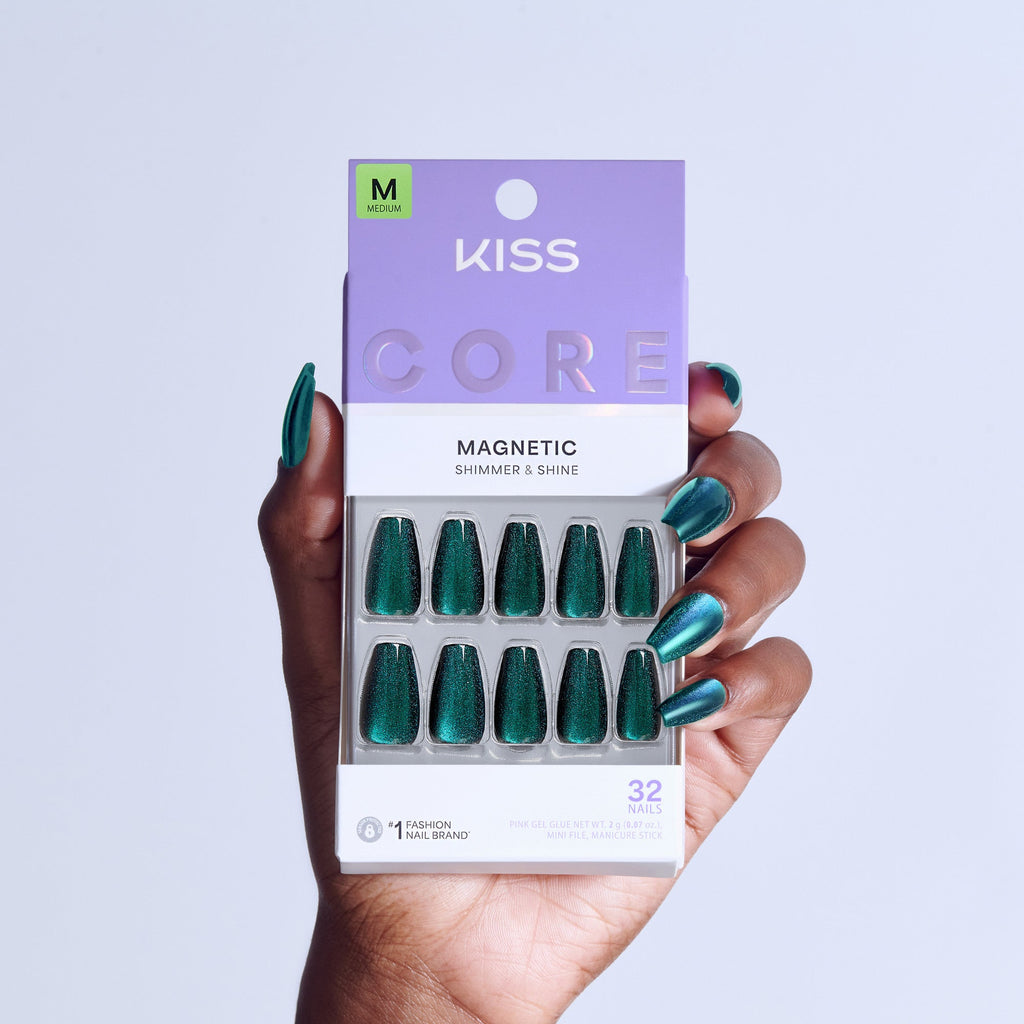 Kiss Core Magnetic Press On Fake Glue Nails - Shimmering | Magnetic, Green & Blue, Medium, Coffin official pack