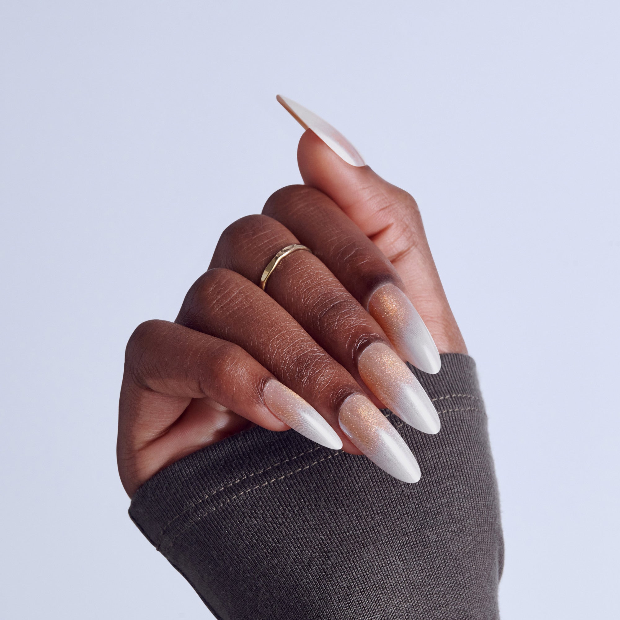 Kiss Glam Embellished Press On Fake Glue Nails - Day n Night | Design, Beige & White, Long, Almond official pack