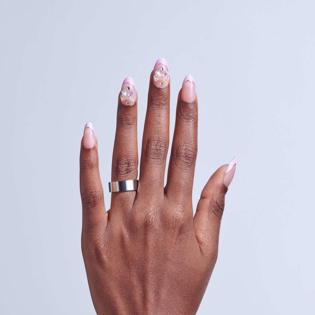 Kiss Icon Press On Fake Glue Nails - Vibrant | 3D & Jewel French, Pink, Medium, Almond official pack