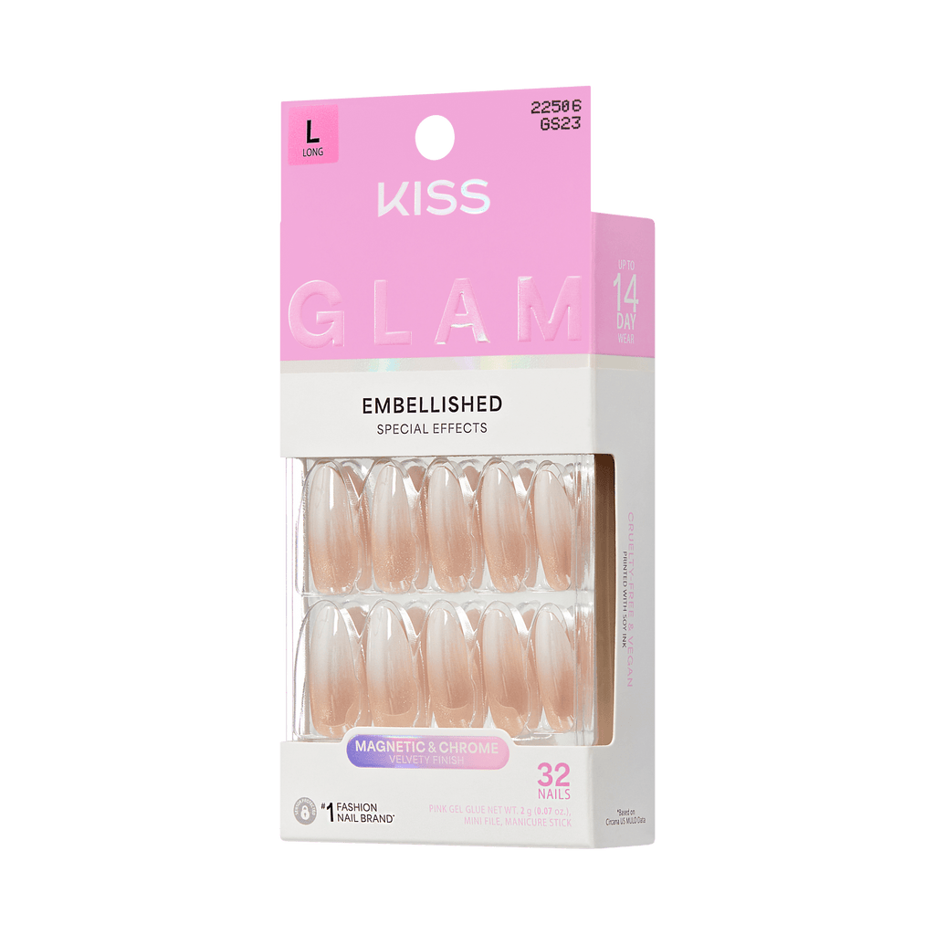 Kiss Glam Embellished Press On Fake Glue Nails - Day n Night | Design, Beige & White, Long, Almond official pack