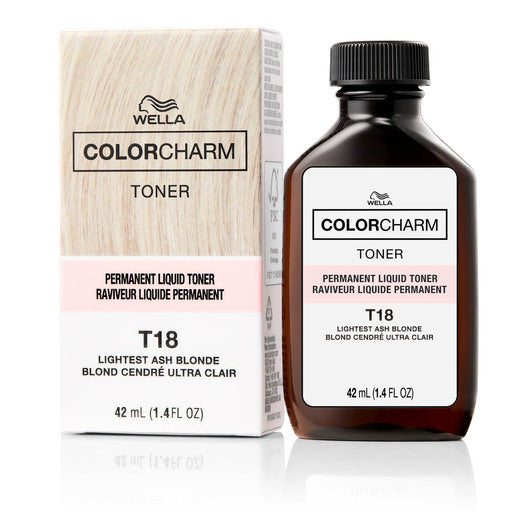Wella Color Charm Permanent Liquid Hair Toner, Lightest Ash Blonde [T18] 1.40 Oz — official pack photo T18 1.4oz (WELLA-COLORCHARM-Permanent-Liquid-Toners-T18-Lightest-Ash-Blonde-1-4-oz-NEW-01) from us.wella.professionalstore.com
