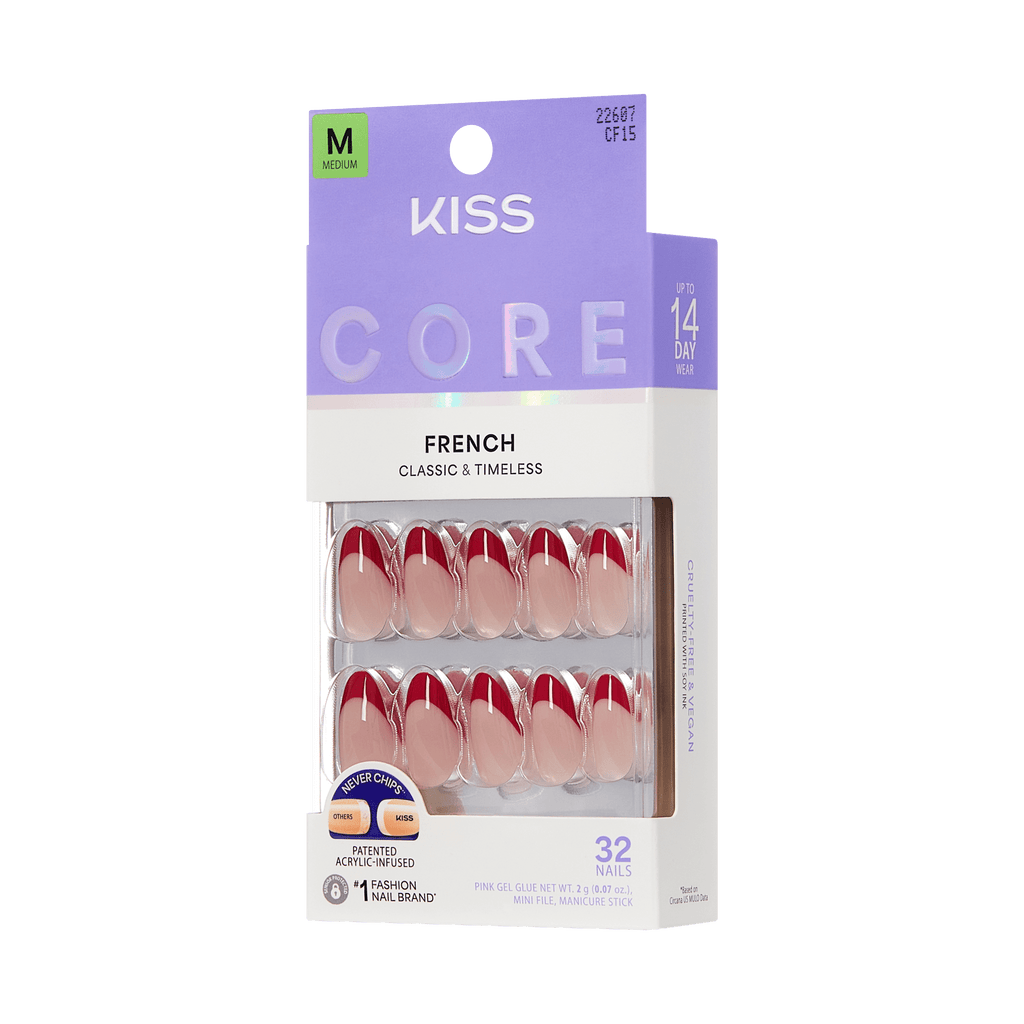 Kiss Core French Press On Fake Glue Nails - Optimistic | French Tips, Red, Medium, Almond official pack