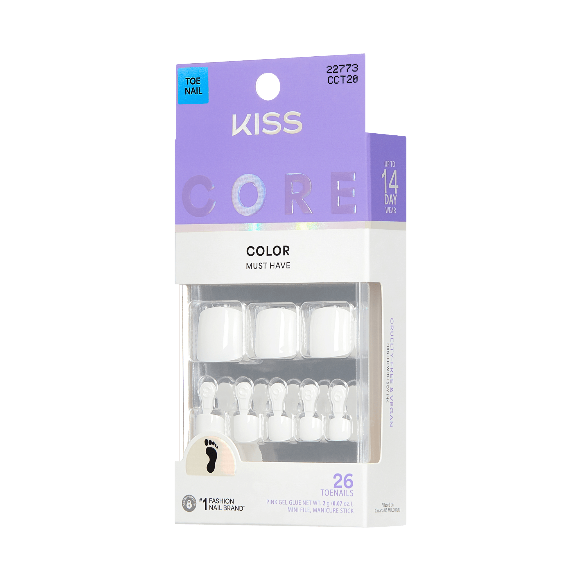 Kiss Core Color Press On Fake Glue Toenails - Toe-tally Yours | Solid, White, Short, Squoval, Pedicure official pack