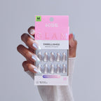 Kiss Glam Embellished Press On Fake Glue Nails - Fairy Tale | Design, Metallic Pink, Medium, Almond official pack