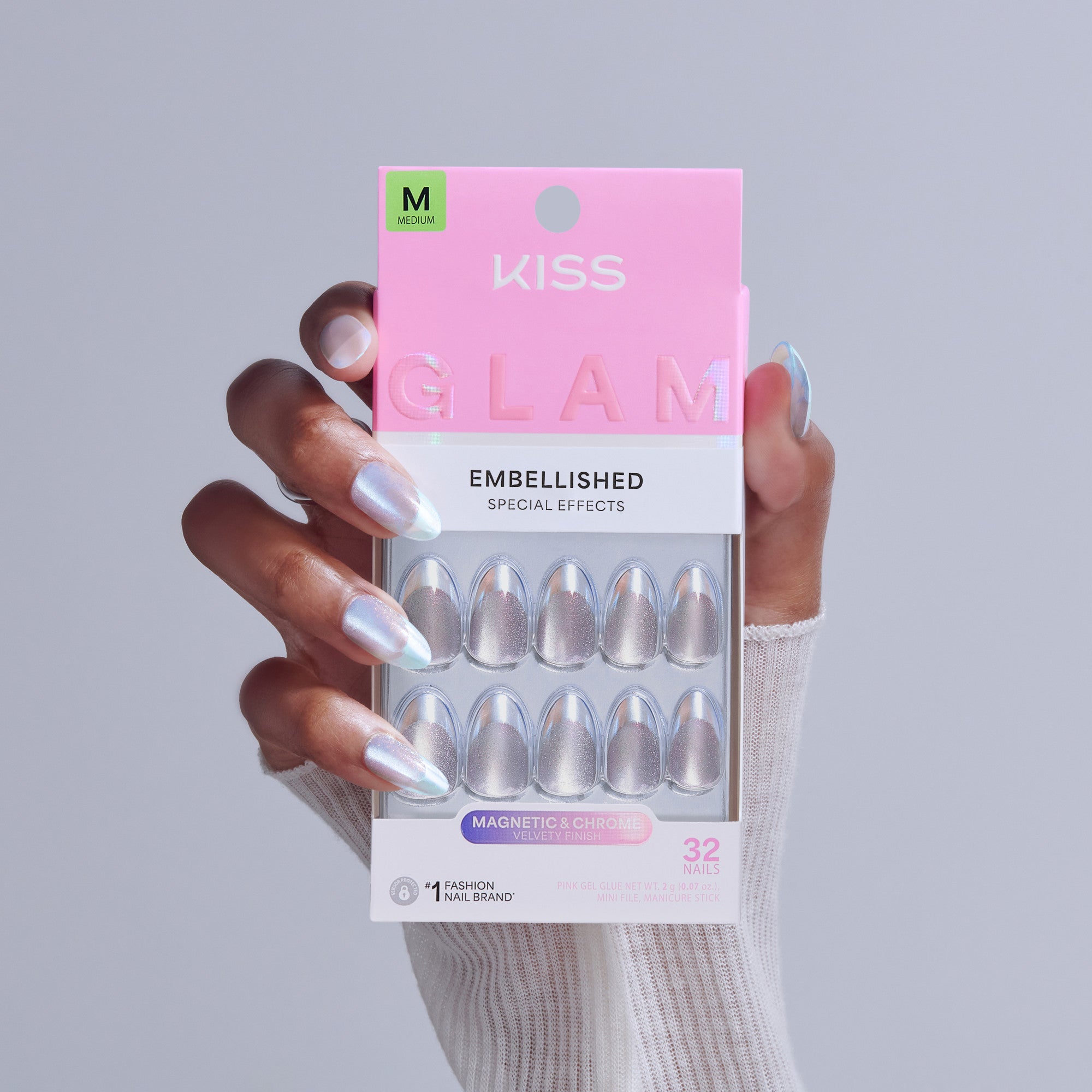Kiss Glam Embellished Press On Fake Glue Nails - Fairy Tale | Design, Metallic Pink, Medium, Almond official pack