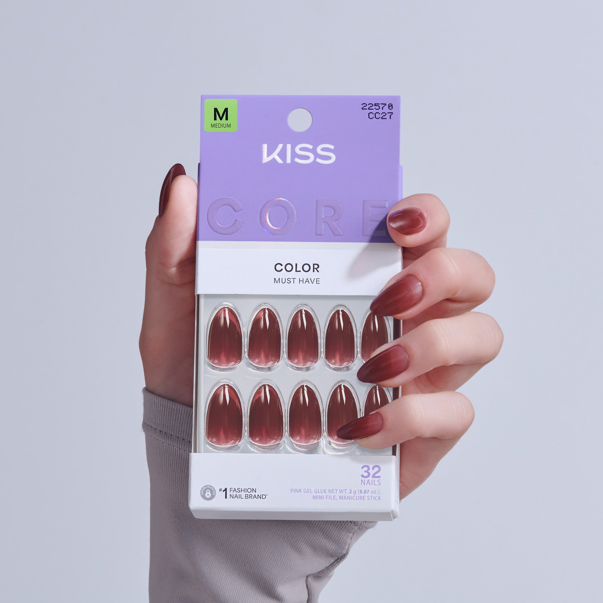 Kiss Core Color Press On Fake Glue Nails - Pinot Noir | Solid, Red & Brown, Medium, Almond official pack
