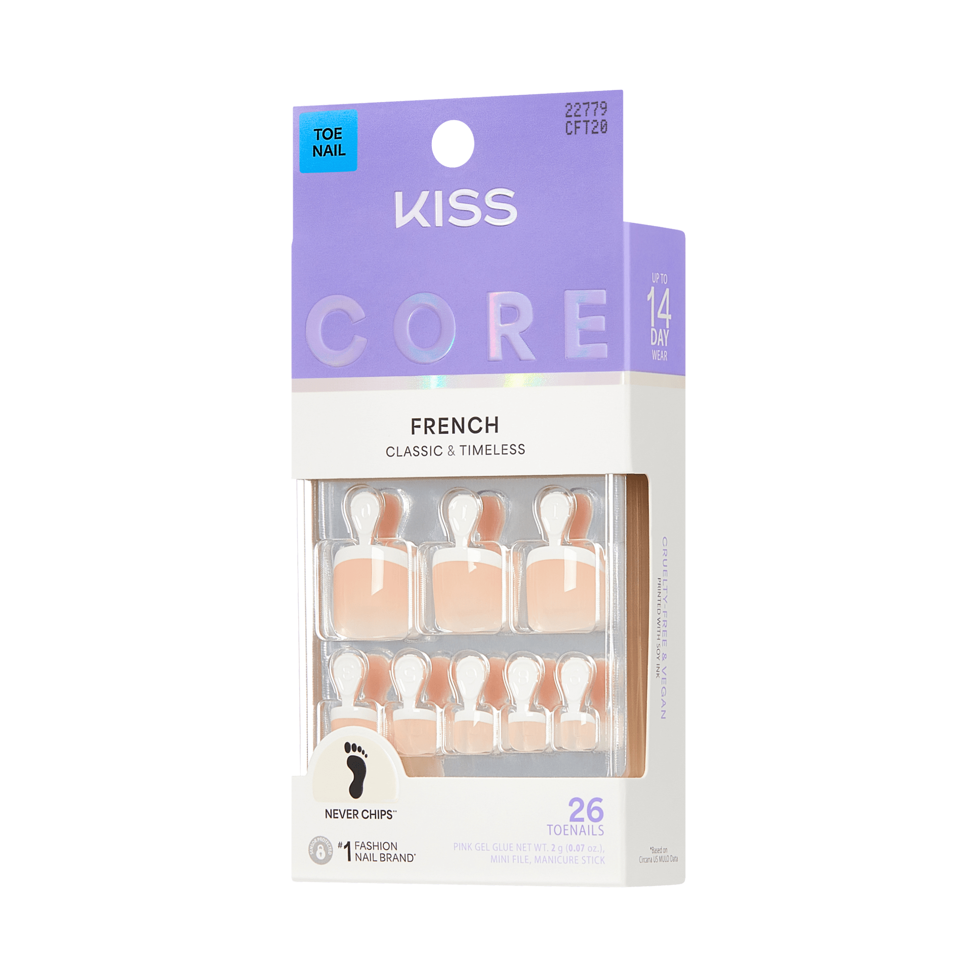 Kiss Core French Tip Press On Fake Glue Toenails - Two of a Kind | French Tips, White, Short, Squoval, Pedicure official pack