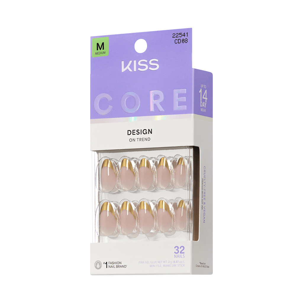 Kiss Core Design Press On Fake Glue Nails - Together | French, Gold, Medium, Almond official pack