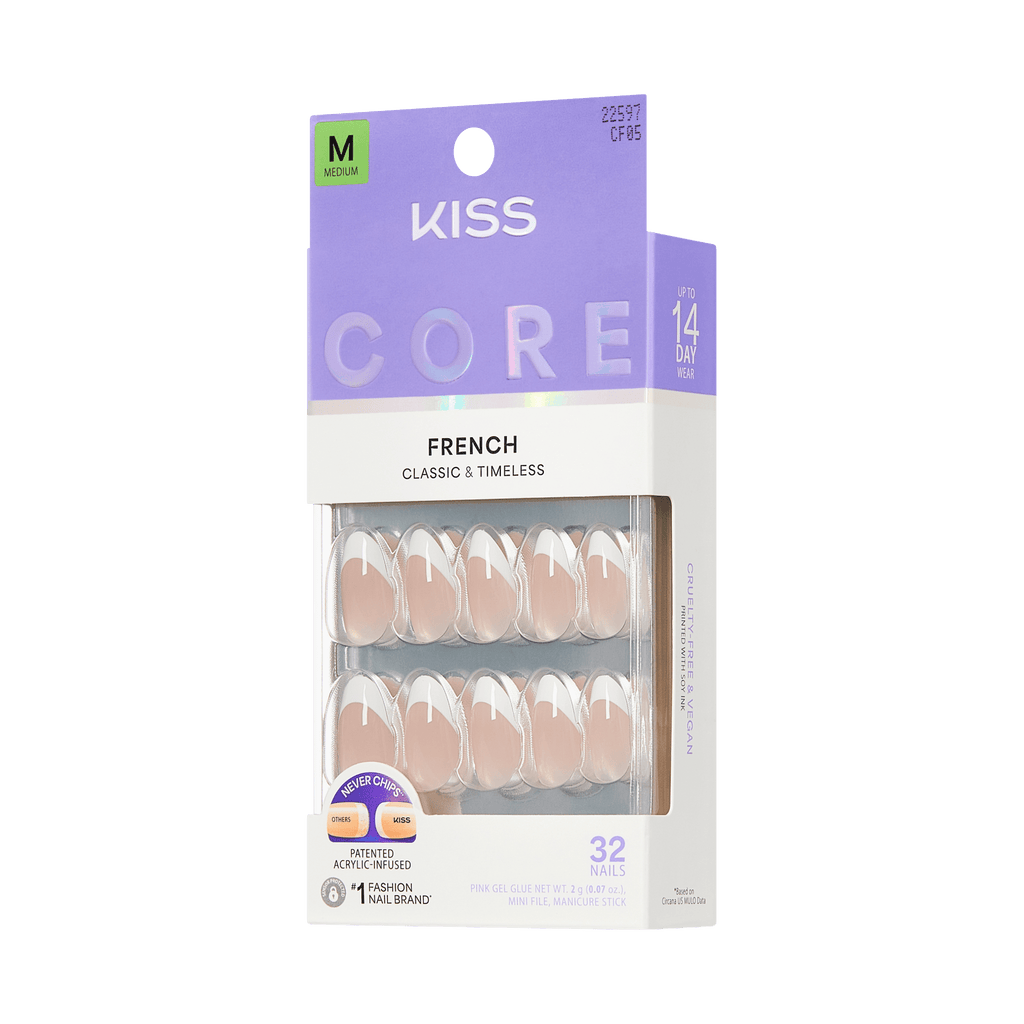 Kiss Core French Press On Fake Glue Nails - Curiosity | French Tips, White, Medium, Almond official pack