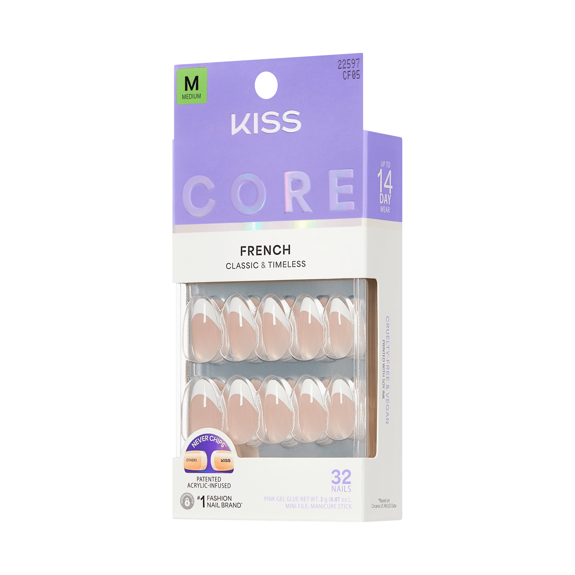 Kiss Core French Press On Fake Glue Nails - Curiosity | French Tips, White, Medium, Almond official pack
