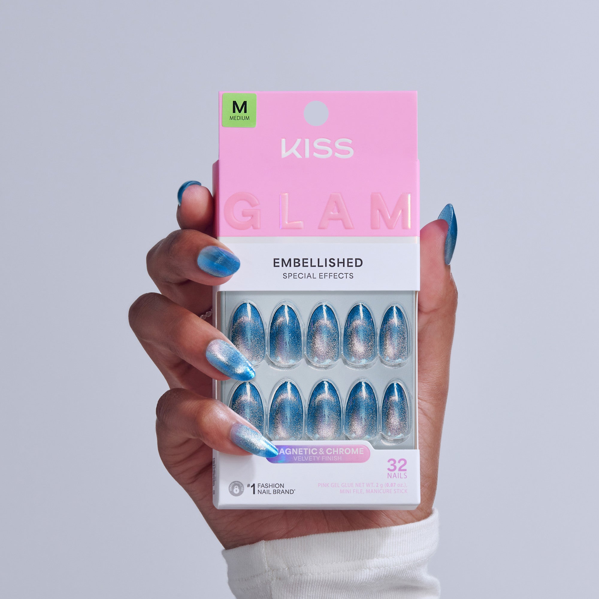 Kiss Glam Embellished Press On Fake Glue Nails - Glow Forever | Design, Blue, Medium, Almond official pack