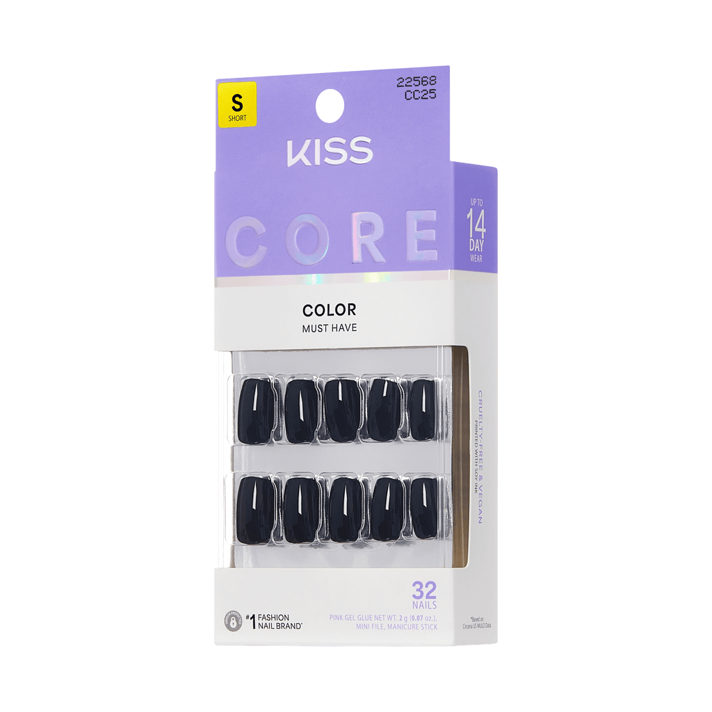 Kiss Core Color Press On Fake Glue Nails - Photogenic | Solid, Black, Short, Squoval official pack