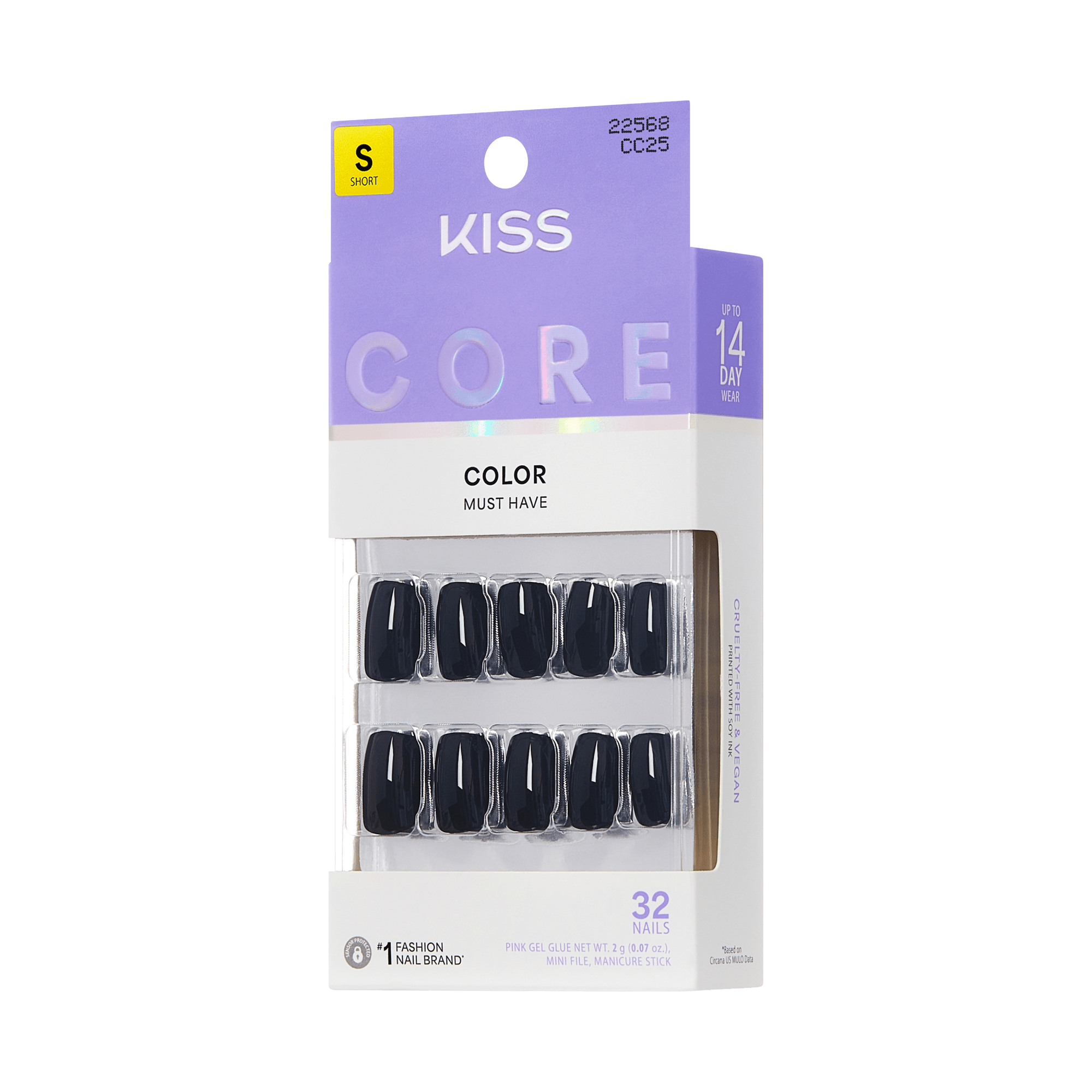Kiss Core Color Press On Fake Glue Nails - Photogenic | Solid, Black, Short, Squoval official pack