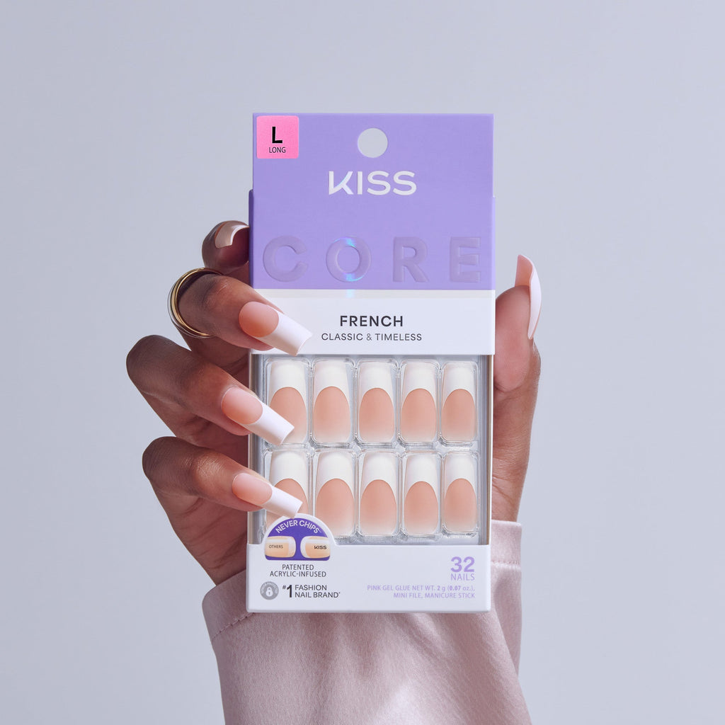 Kiss Core French Press On Fake Glue Nails - Every Minute | French Tips, White, Long, Square official pack